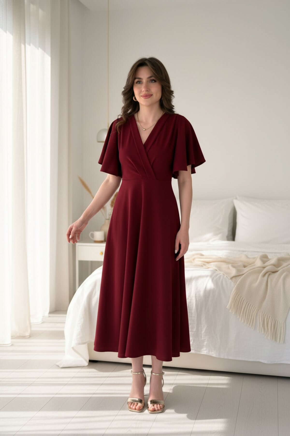 Bordo Midi Volanlı Kruvaze Yaka Elbise - MOZENA