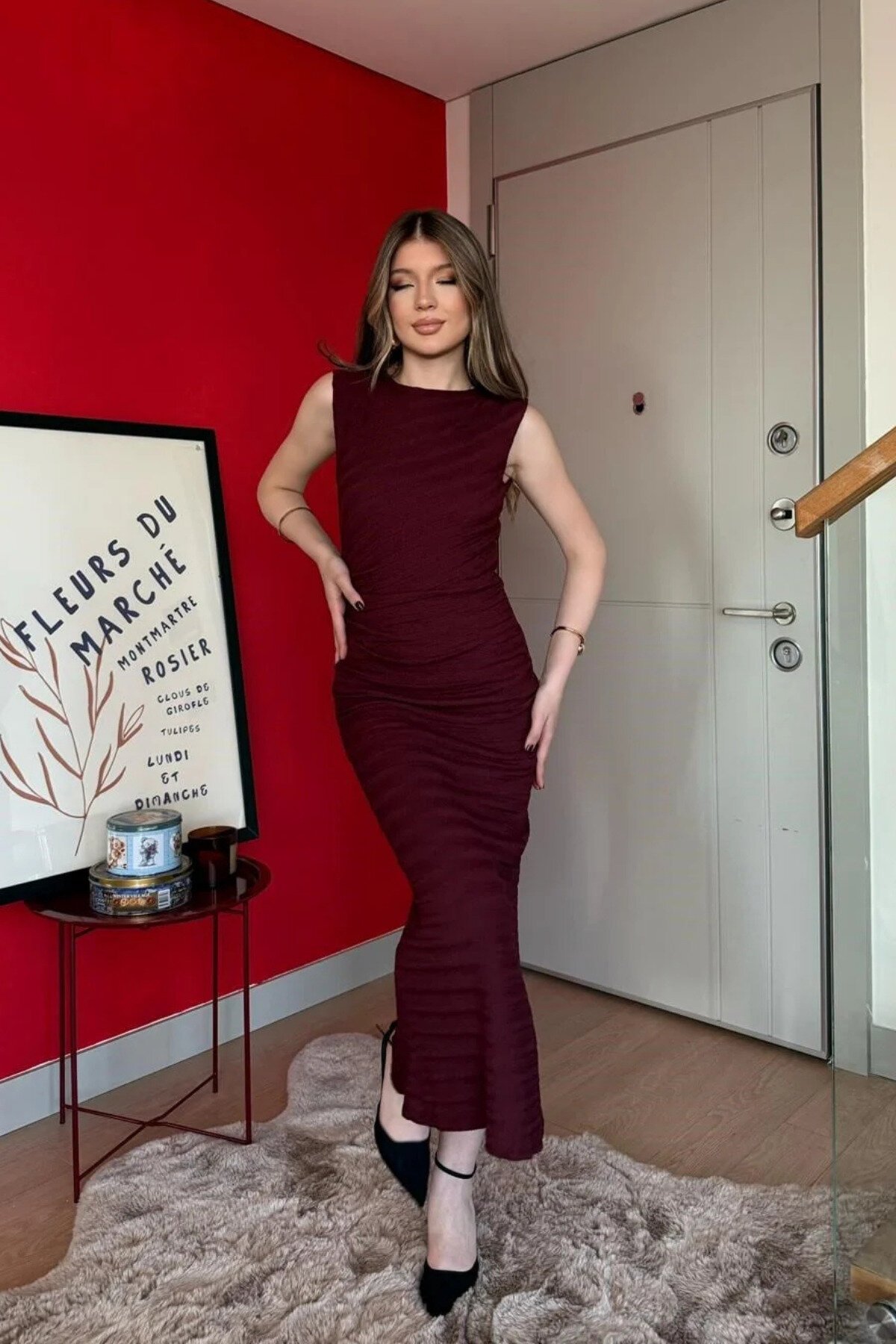 Long Waist Drape Slit Dress - Burgundy - MOZENA