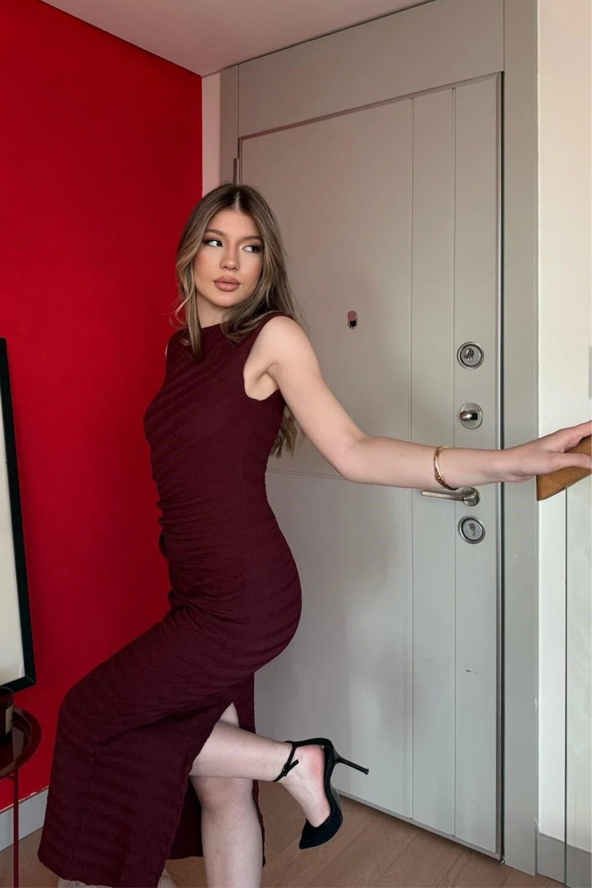 Long Waist Drape Slit Dress - Burgundy - MOZENA
