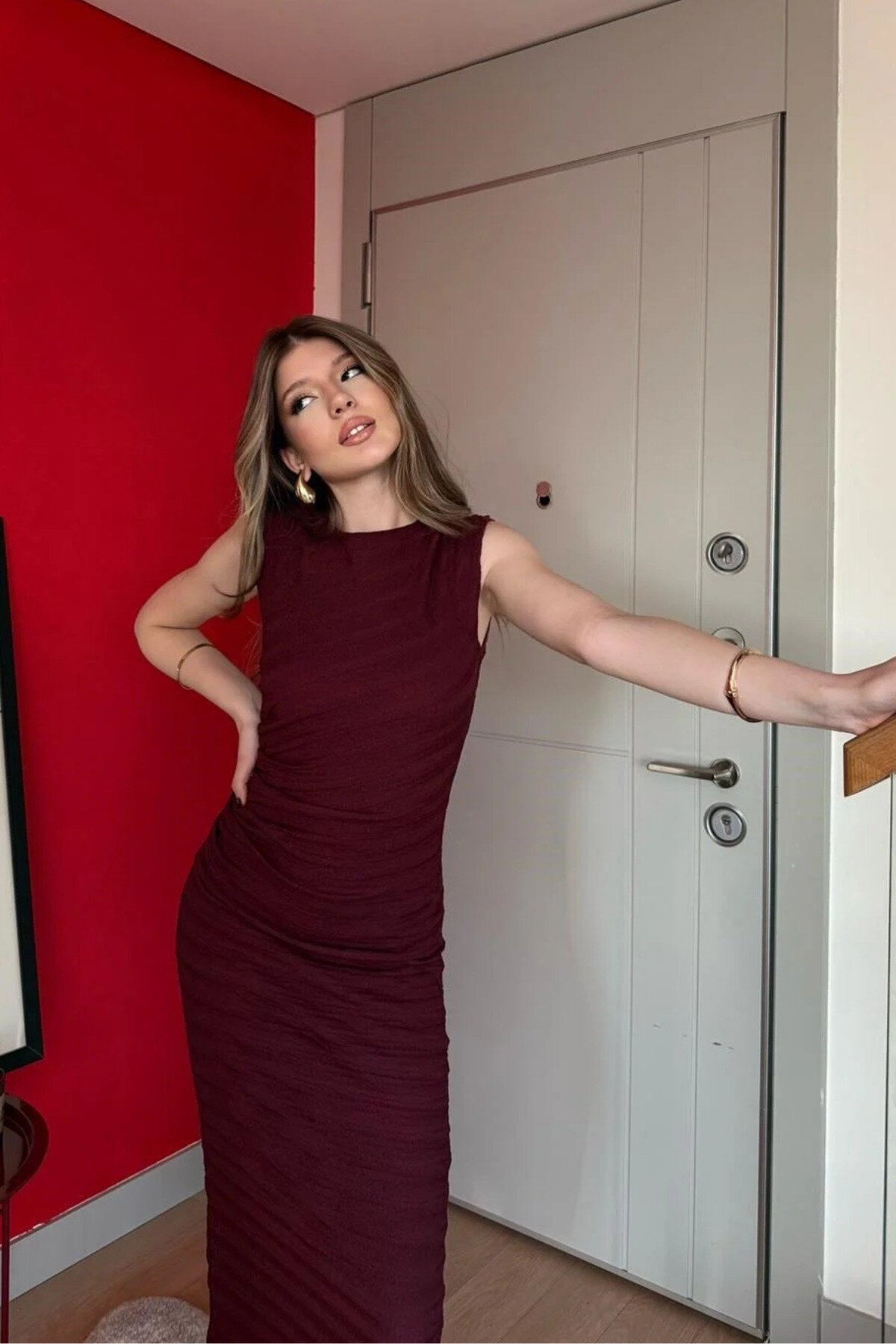 Long Waist Drape Slit Dress - Burgundy - MOZENA