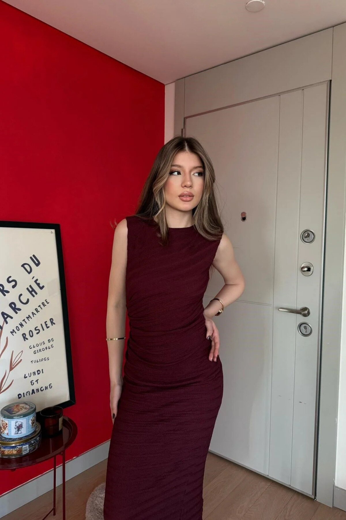 Long Waist Drape Slit Dress - Burgundy - MOZENA