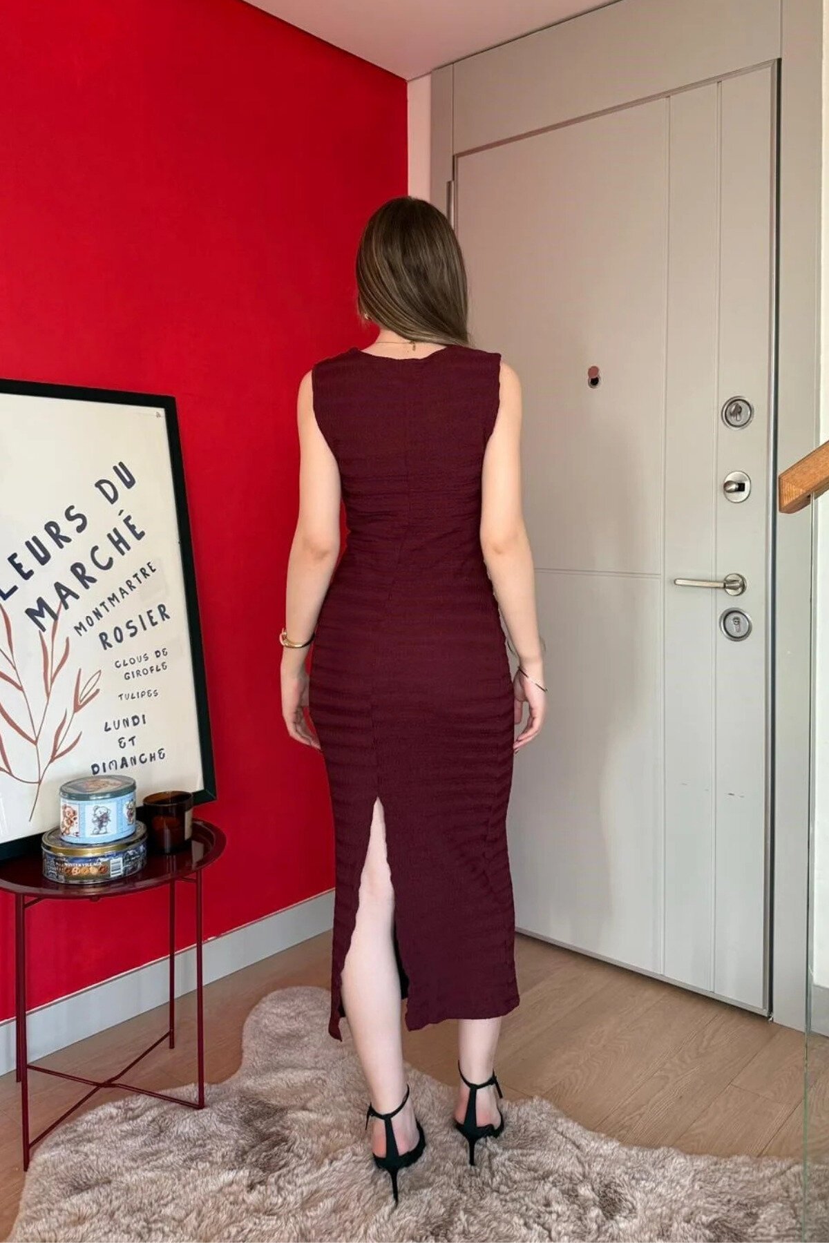 Long Waist Drape Slit Dress - Burgundy - MOZENA