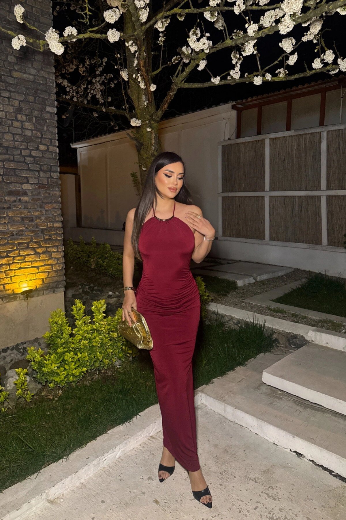 Long Halter Neck Accessory Detail Slit Evening Dress - Burgundy - MOZENA