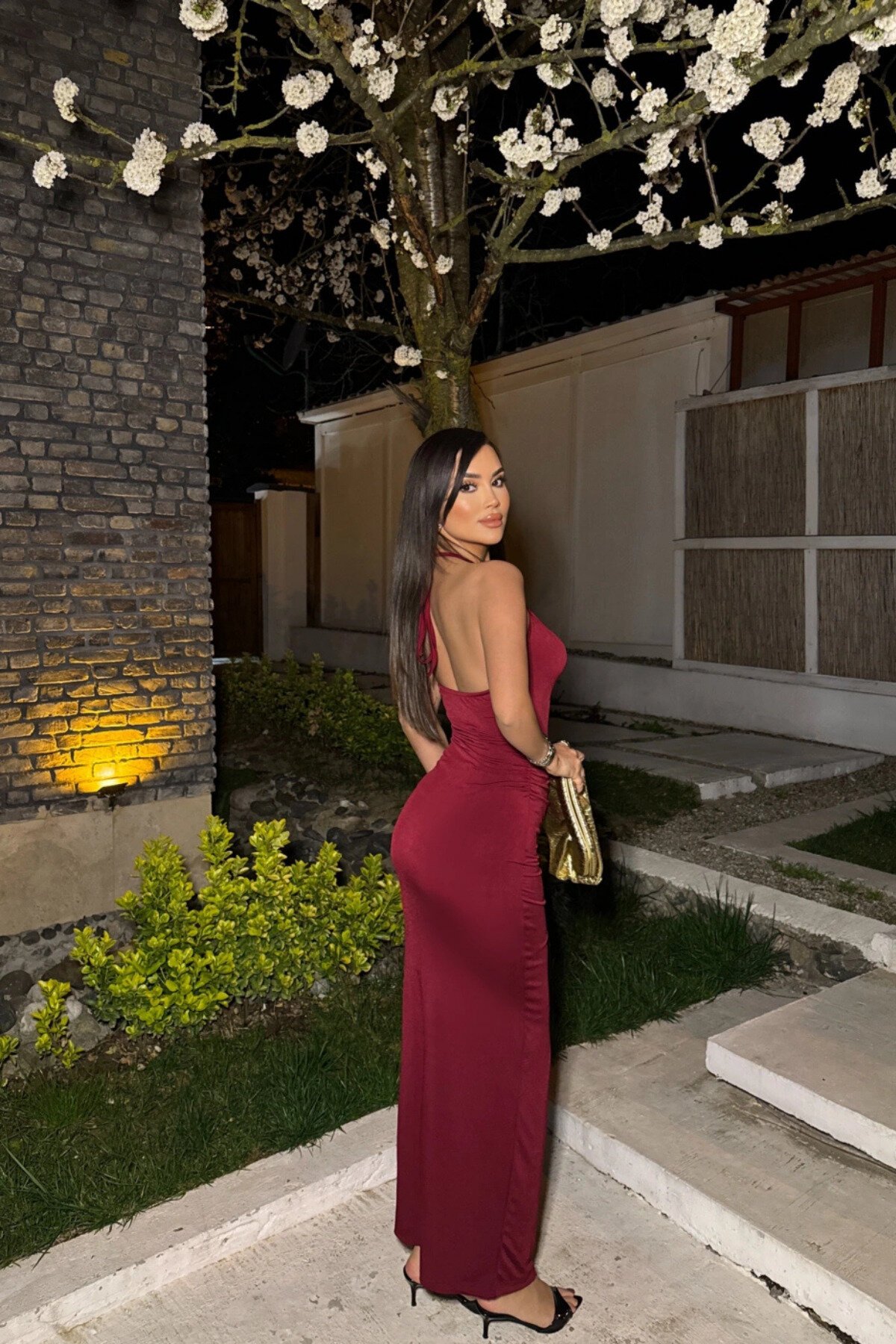 Long Halter Neck Accessory Detail Slit Evening Dress - Burgundy - MOZENA