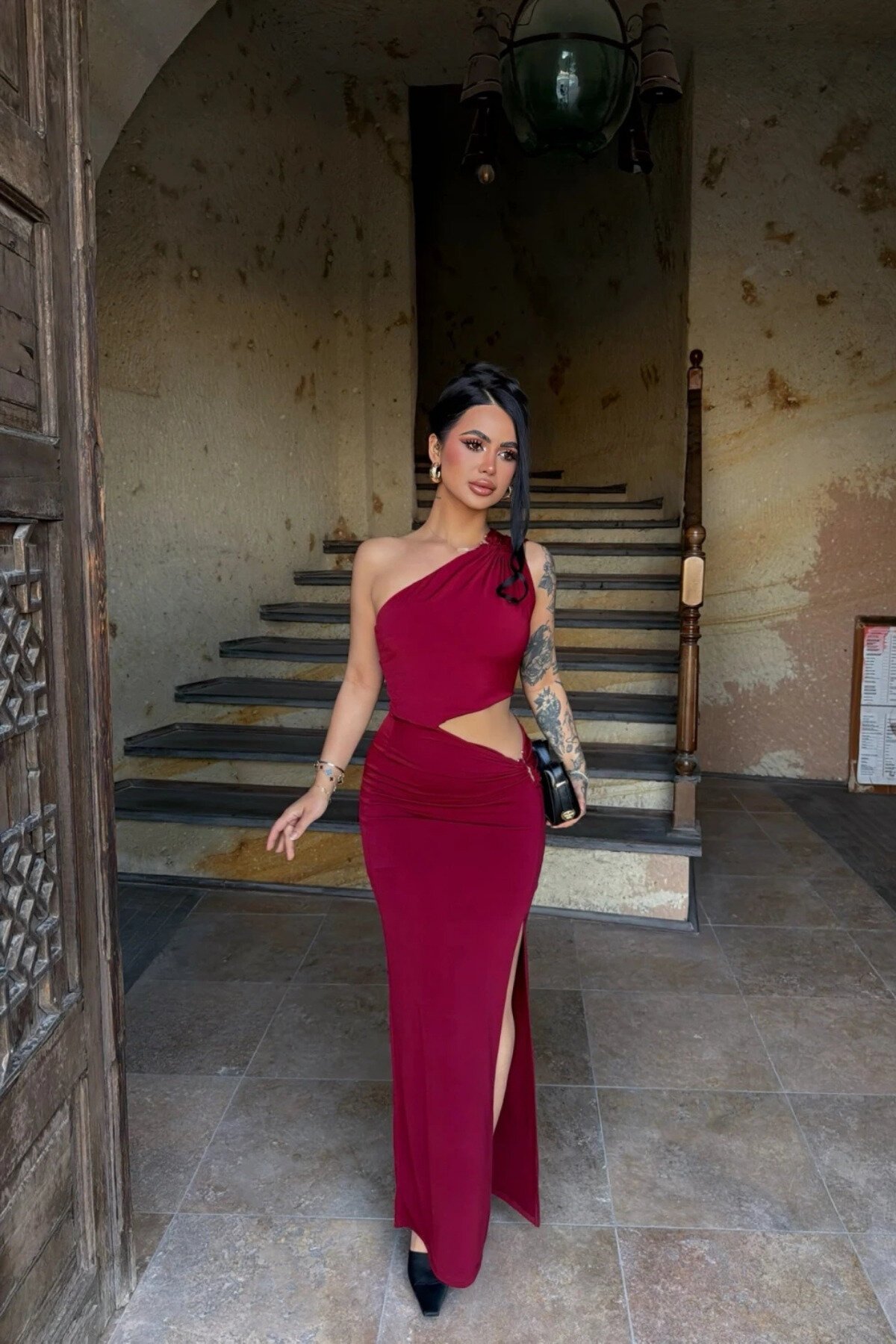 Long Sandy Side Cut-out Evening Dress - Burgundy - MOZENA