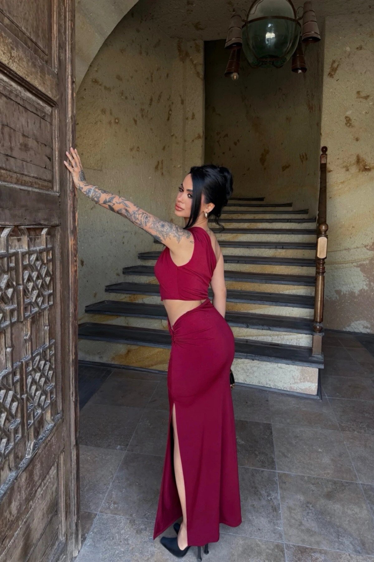 Long Sandy Side Cut-out Evening Dress - Burgundy - MOZENA