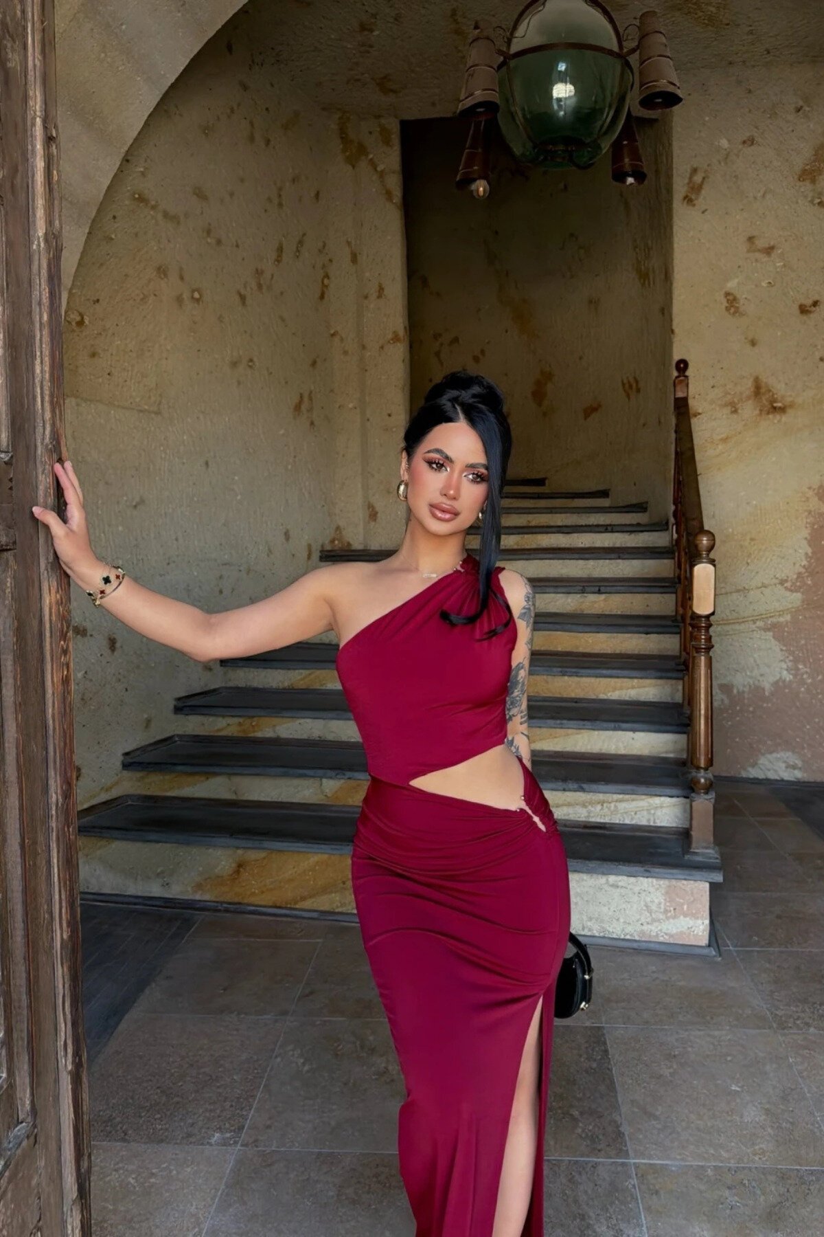 Long Sandy Side Cut-out Evening Dress - Burgundy - MOZENA