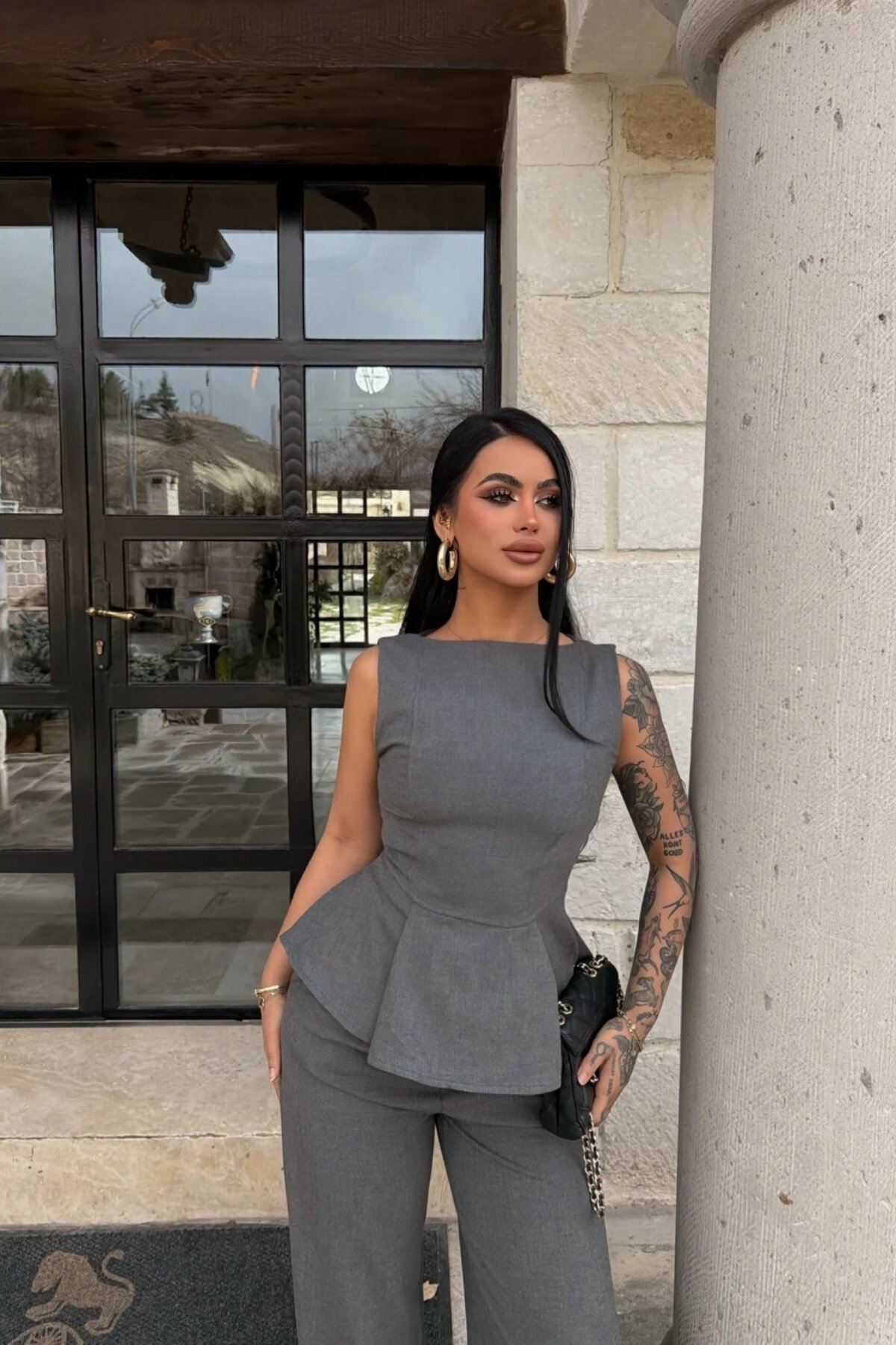 Waist-Fitted Sleeveless Set - Grey - MOZENA