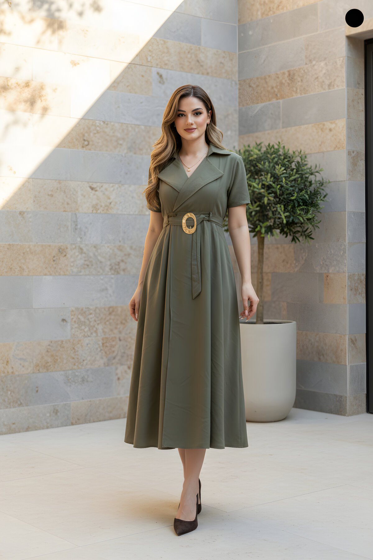 Midi Wrap Neck Belt Detail Dress - Khaki - MOZENA