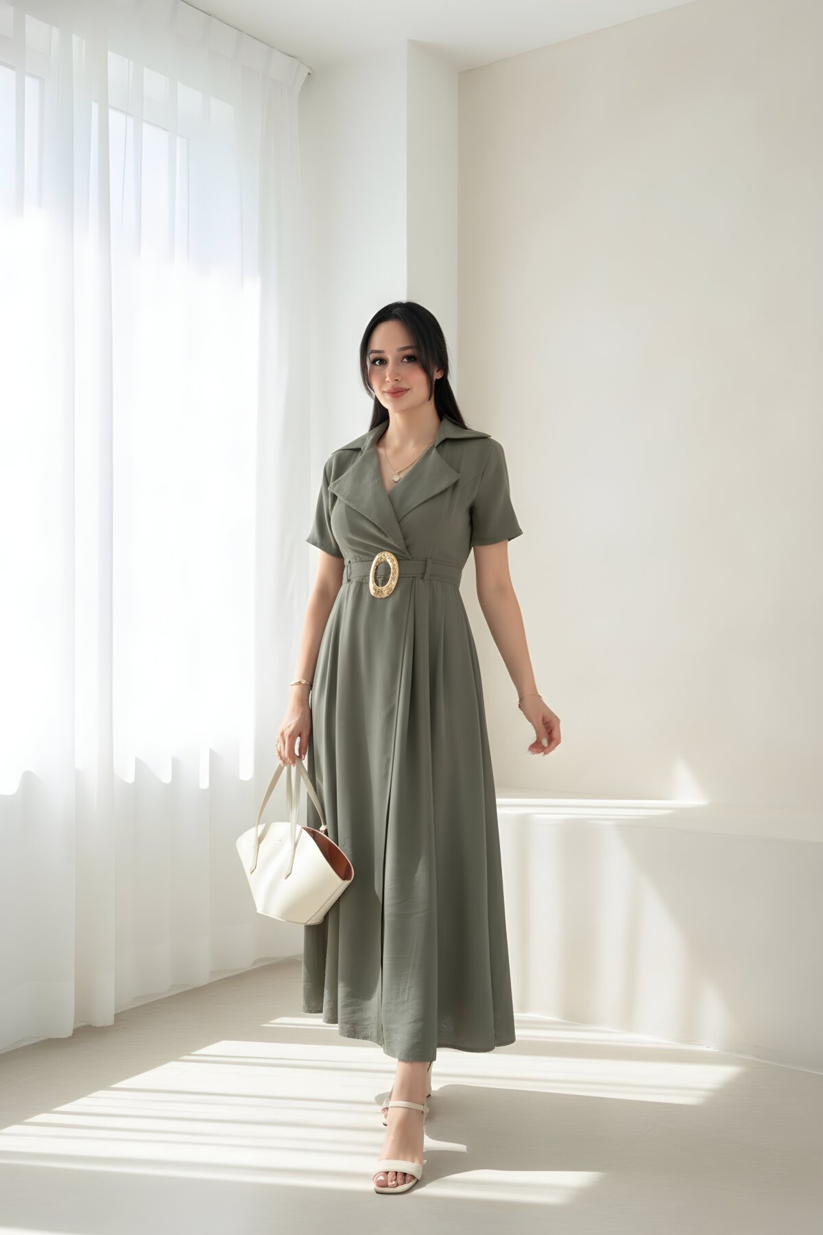 Midi Wrap-Neck Belted Dress - Khaki - MOZENA
