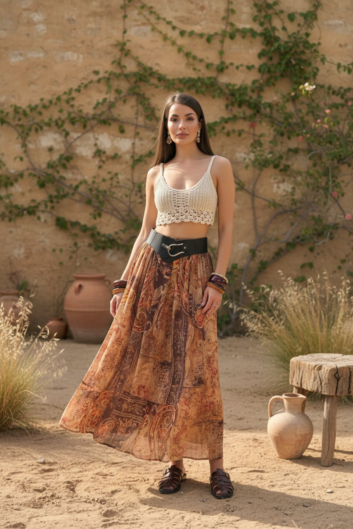 Long Ethnic Patterned Belted Skirt - Brown - MOZENA