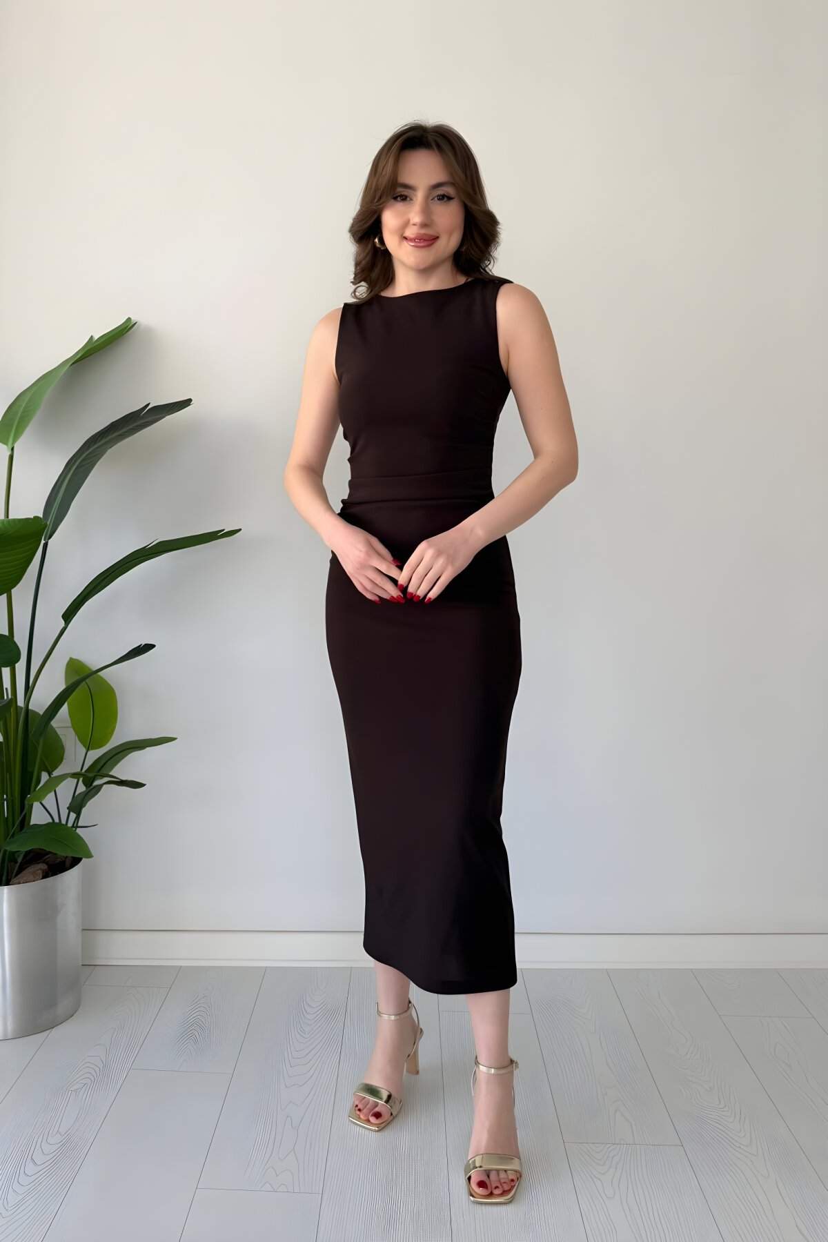 Midi Crepe Drape Detail Dress - Brown - MOZENA