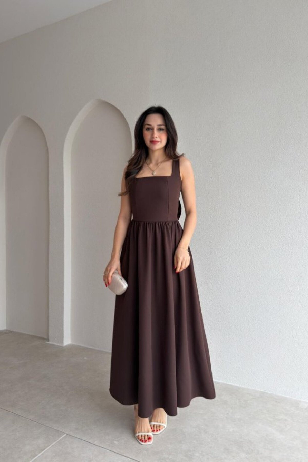 Midi Square Neck Bow Detail Dress - Brown - MOZENA