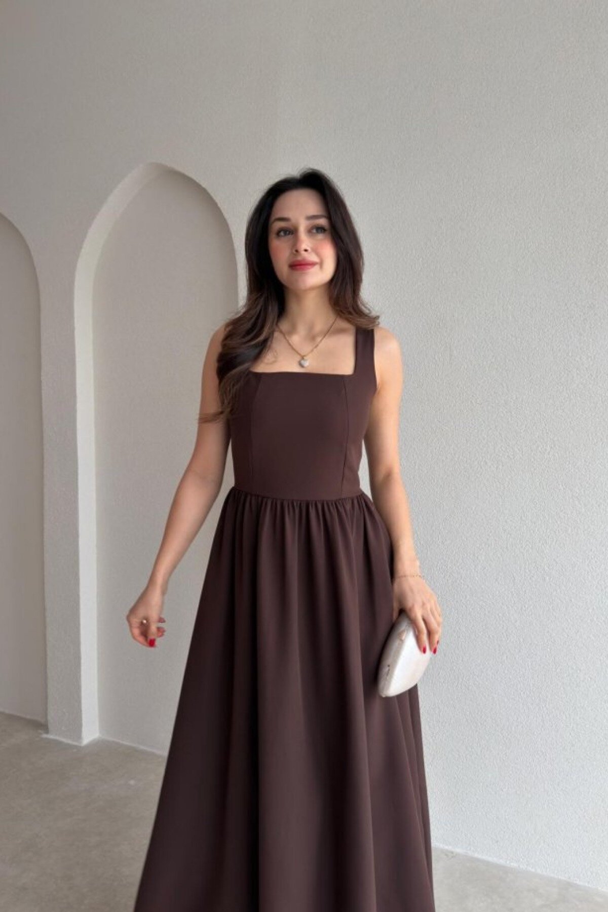 Midi Square Neck Bow Detail Dress - Brown - MOZENA