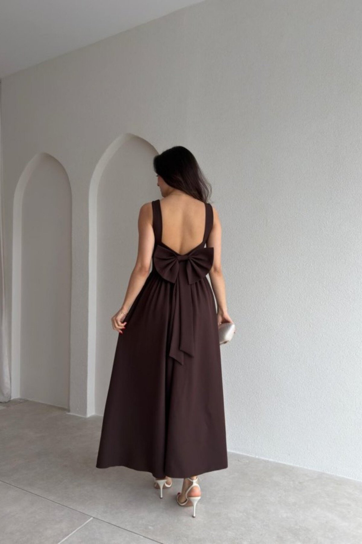 Midi Square Neck Bow Detail Dress - Brown - MOZENA