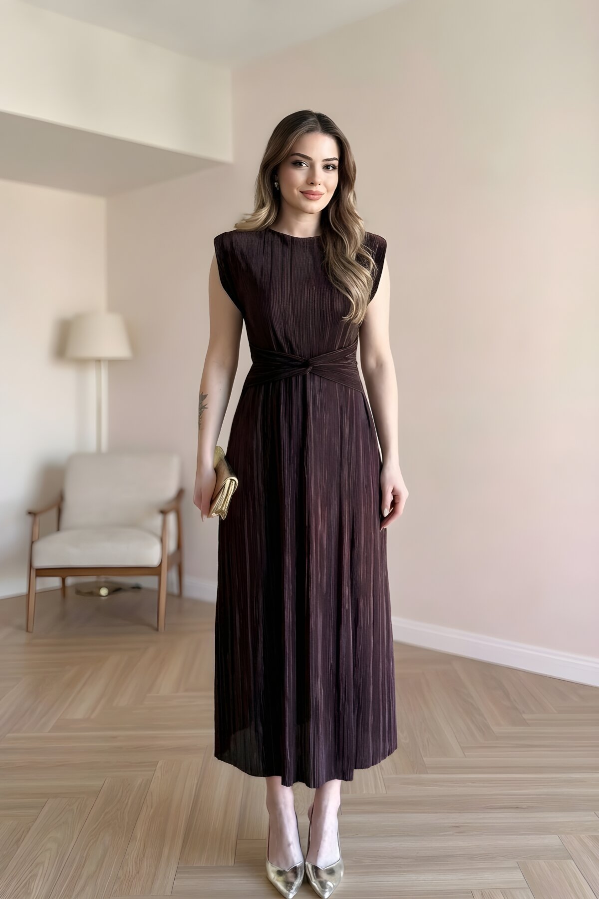 Midi Pleated Waist-Detail Dress - Brown - MOZENA