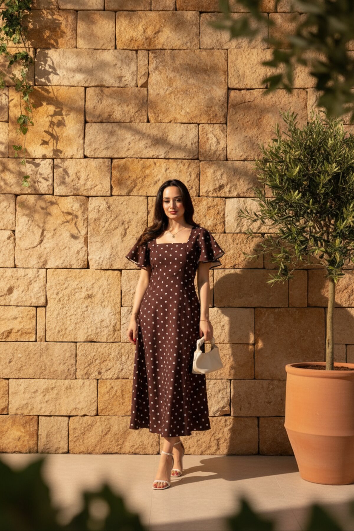 Midi Polka-Dot Ruffle Dress - Brown - MOZENA