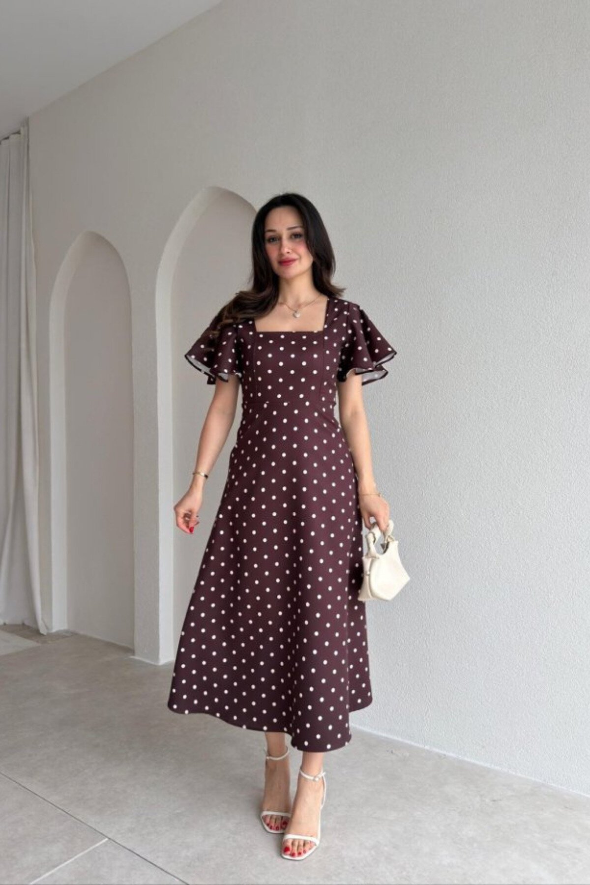 Midi Polka-Dot Ruffle Dress - Brown - MOZENA