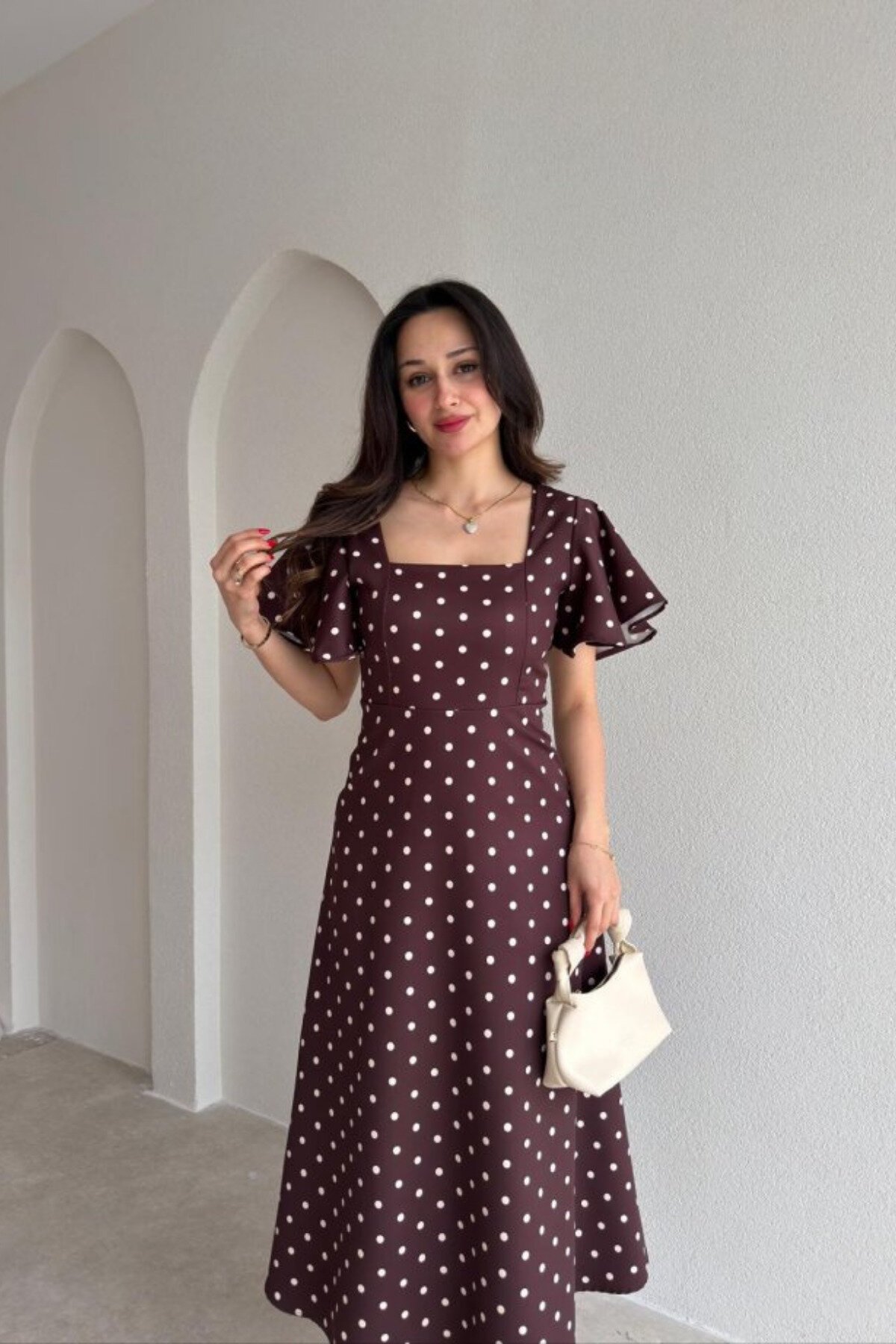 Midi Polka-Dot Ruffle Dress - Brown - MOZENA