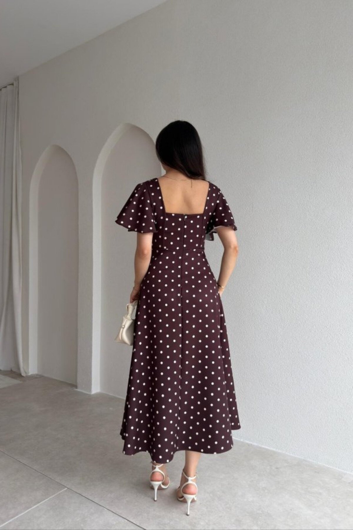 Midi Polka-Dot Ruffle Dress - Brown - MOZENA
