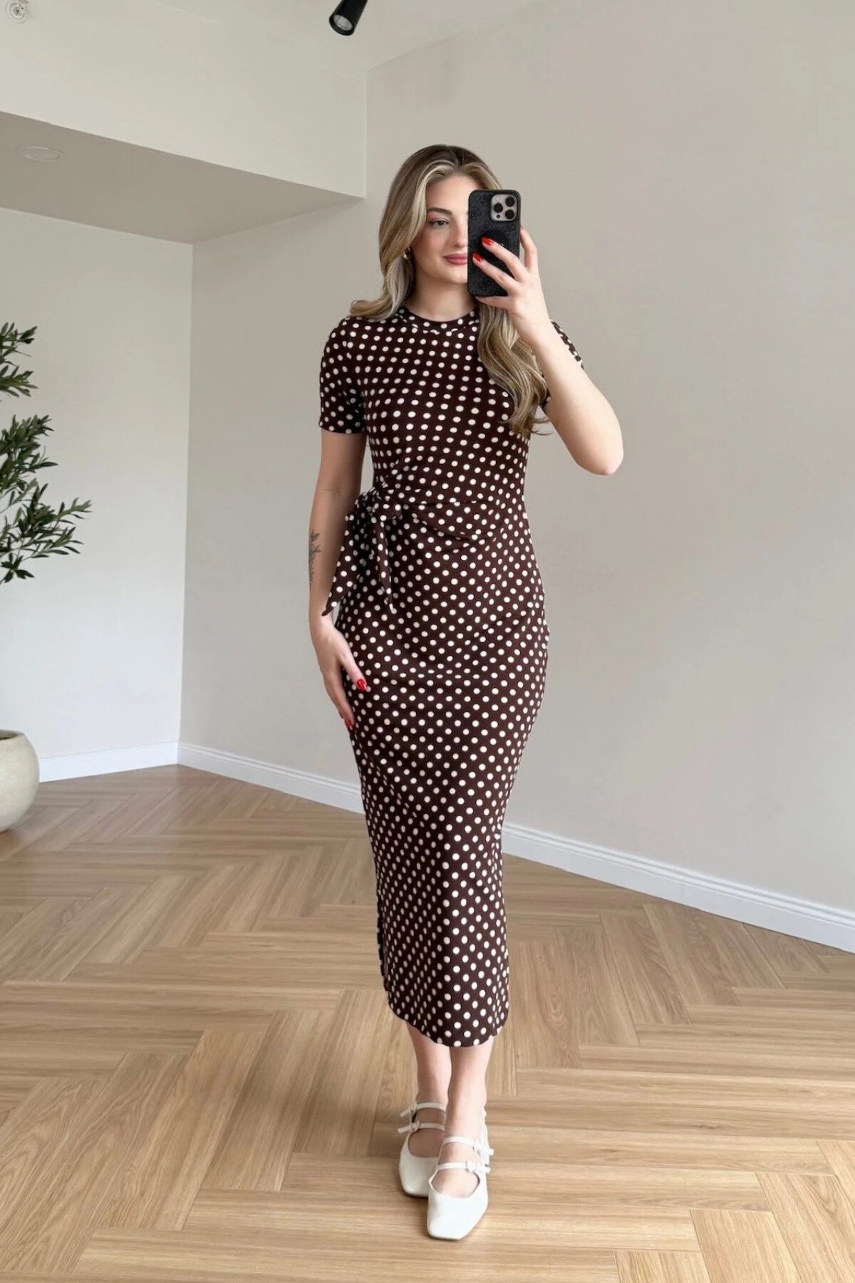 Midi Polka Dot Side Slit Dress - Brown - MOZENA
