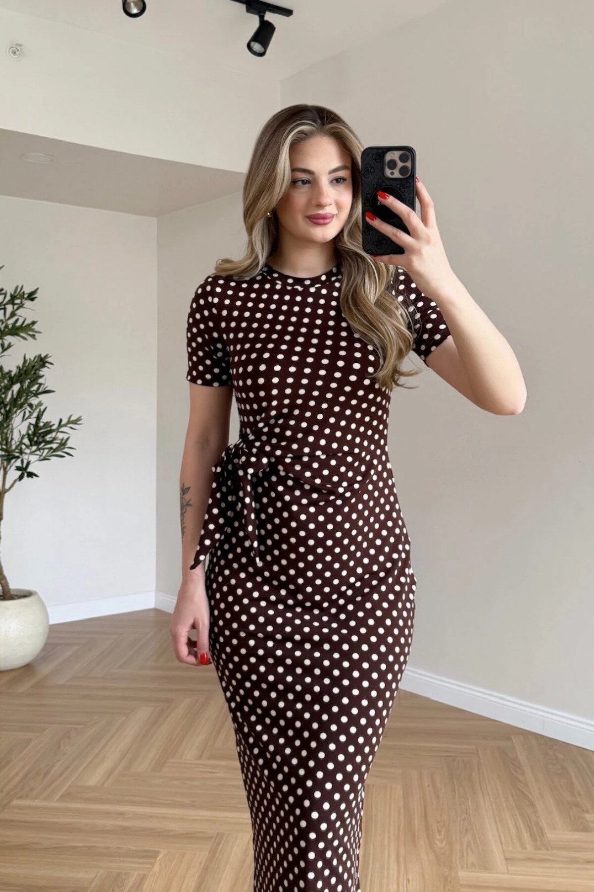 Midi Polka Dot Side Slit Dress - Brown - MOZENA