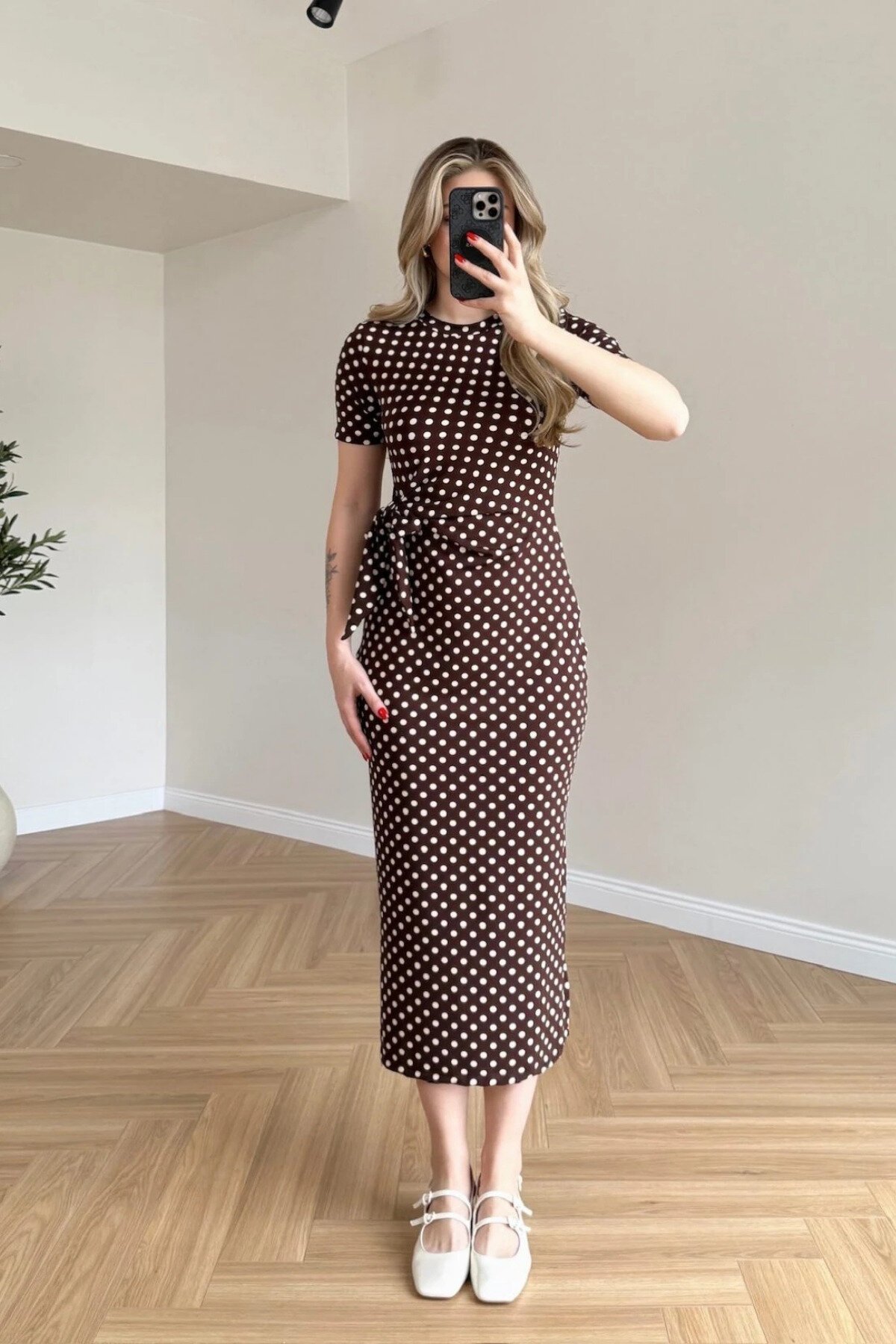 Midi Polka Dot Side Slit Dress - Brown - MOZENA