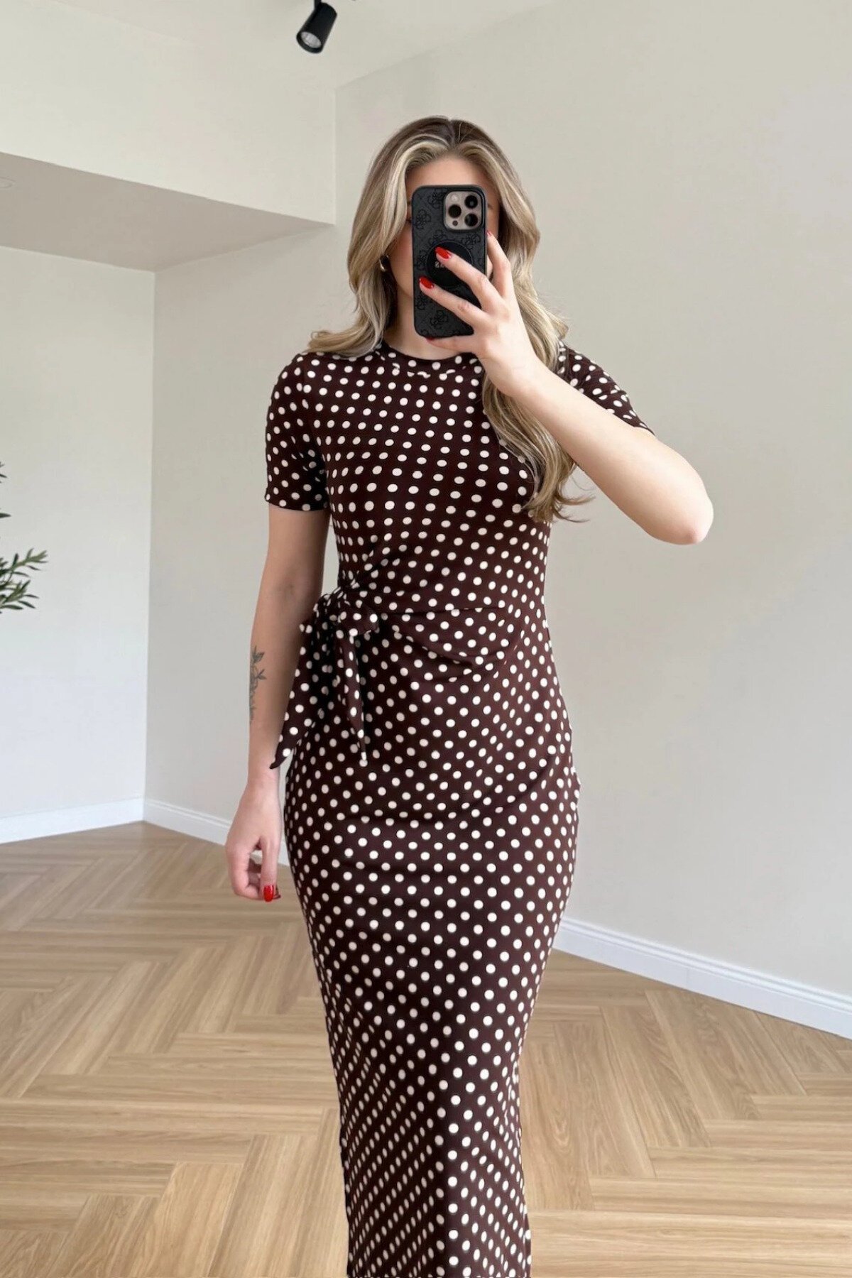 Midi Polka Dot Side Slit Dress - Brown - MOZENA