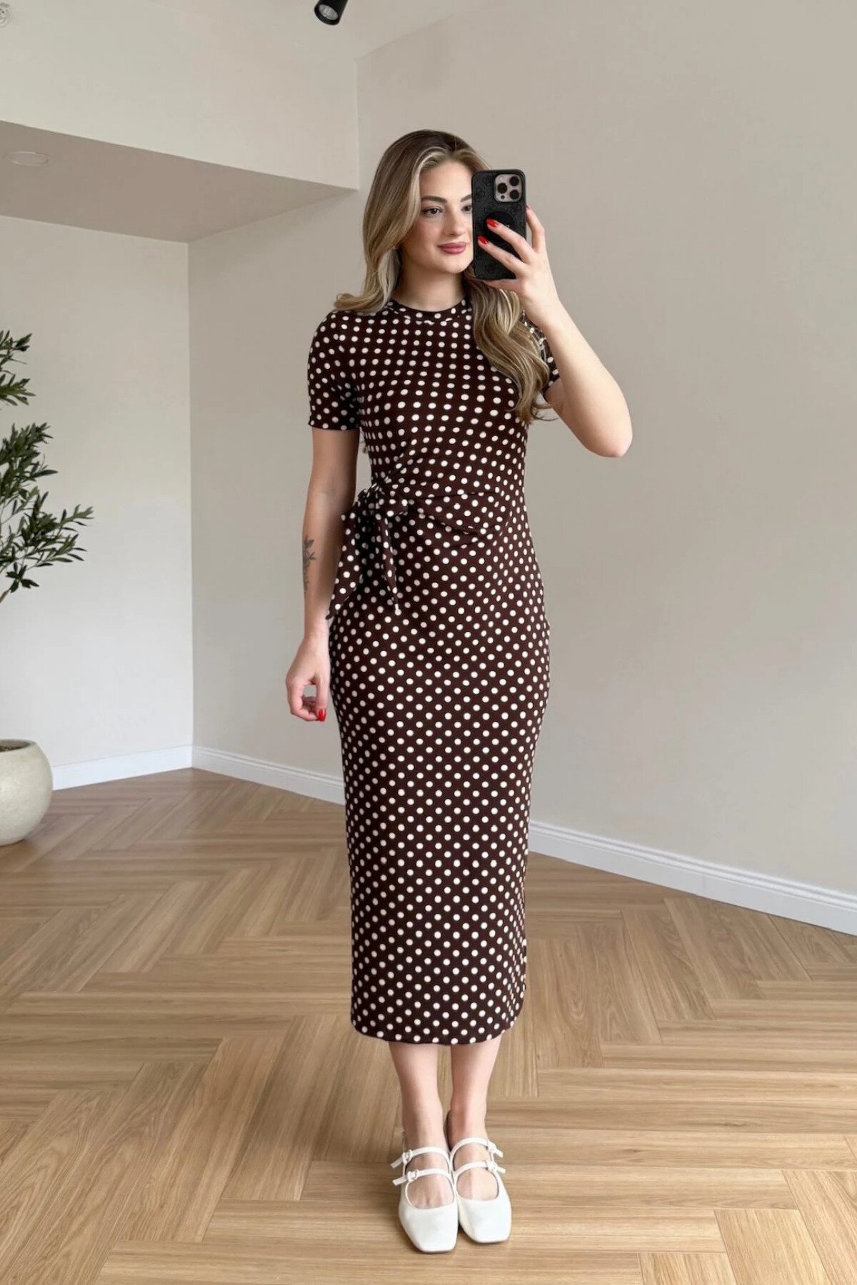 Midi Polka Dot Side Slit Dress - Brown - MOZENA