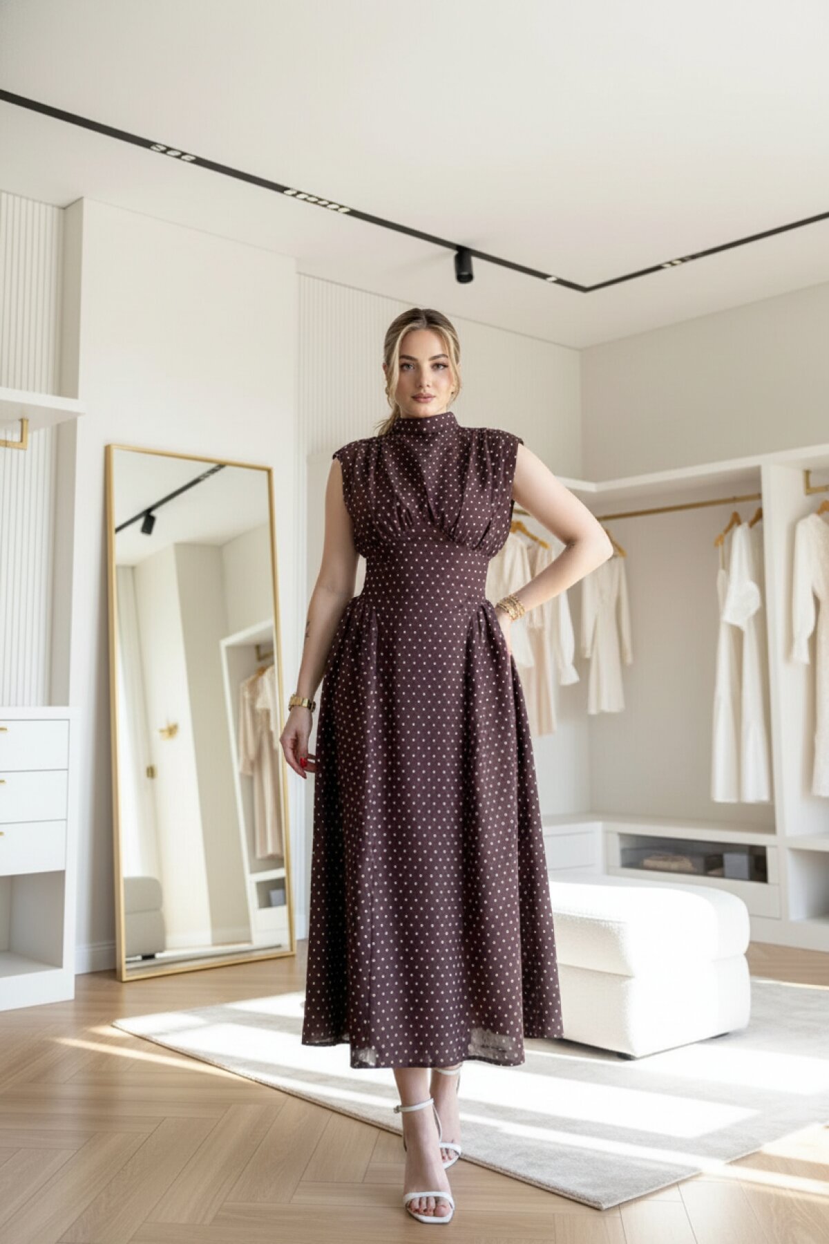 Kahverengi Puantiye Desenli Uzun Belden Oturtma Detaylı Elbise - MOZENA