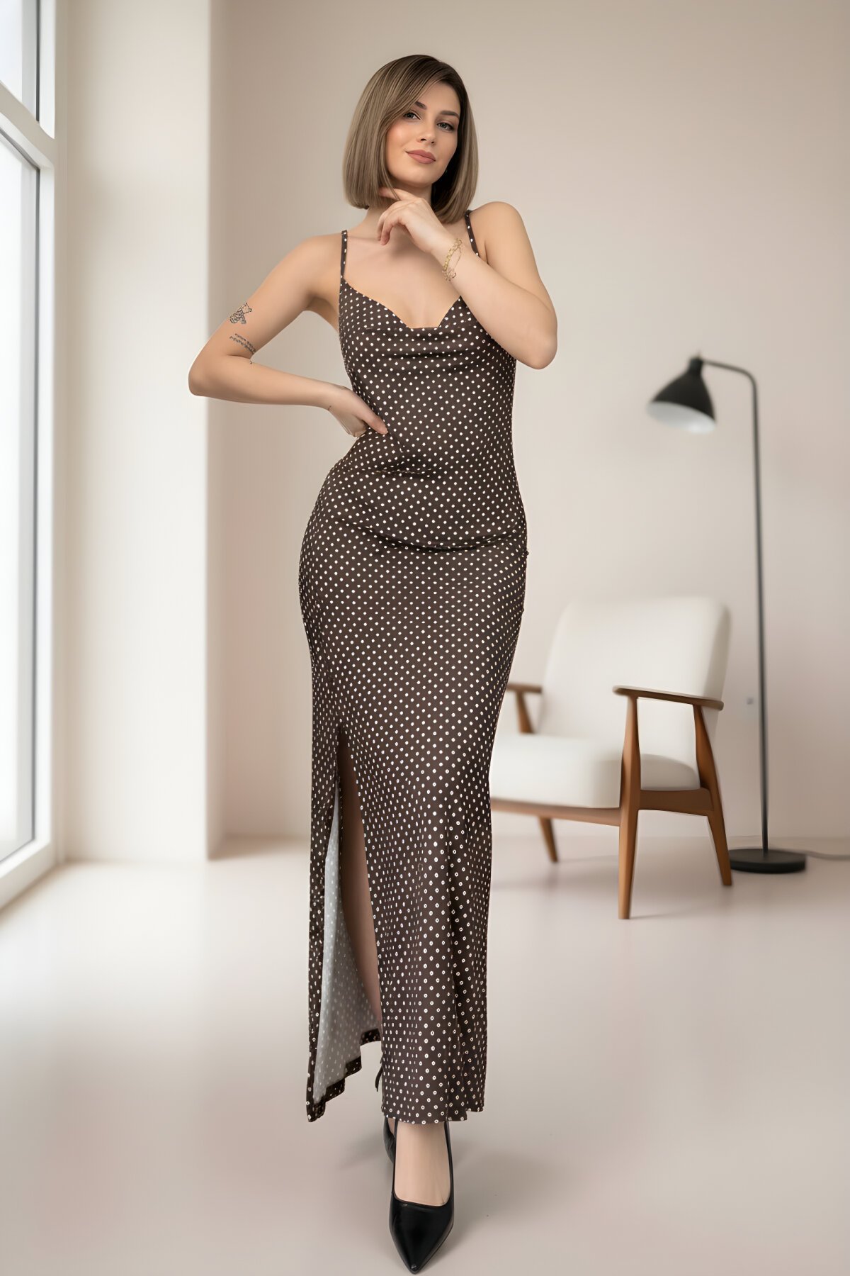 Long Strappy Polka Dot Dress - Brown - MOZENA