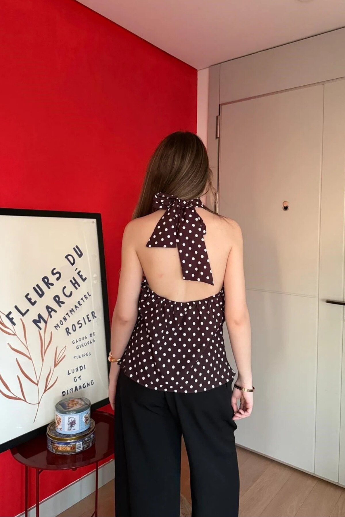 Halter Cowl Neck Polka Dot Blouse - Brown - MOZENA