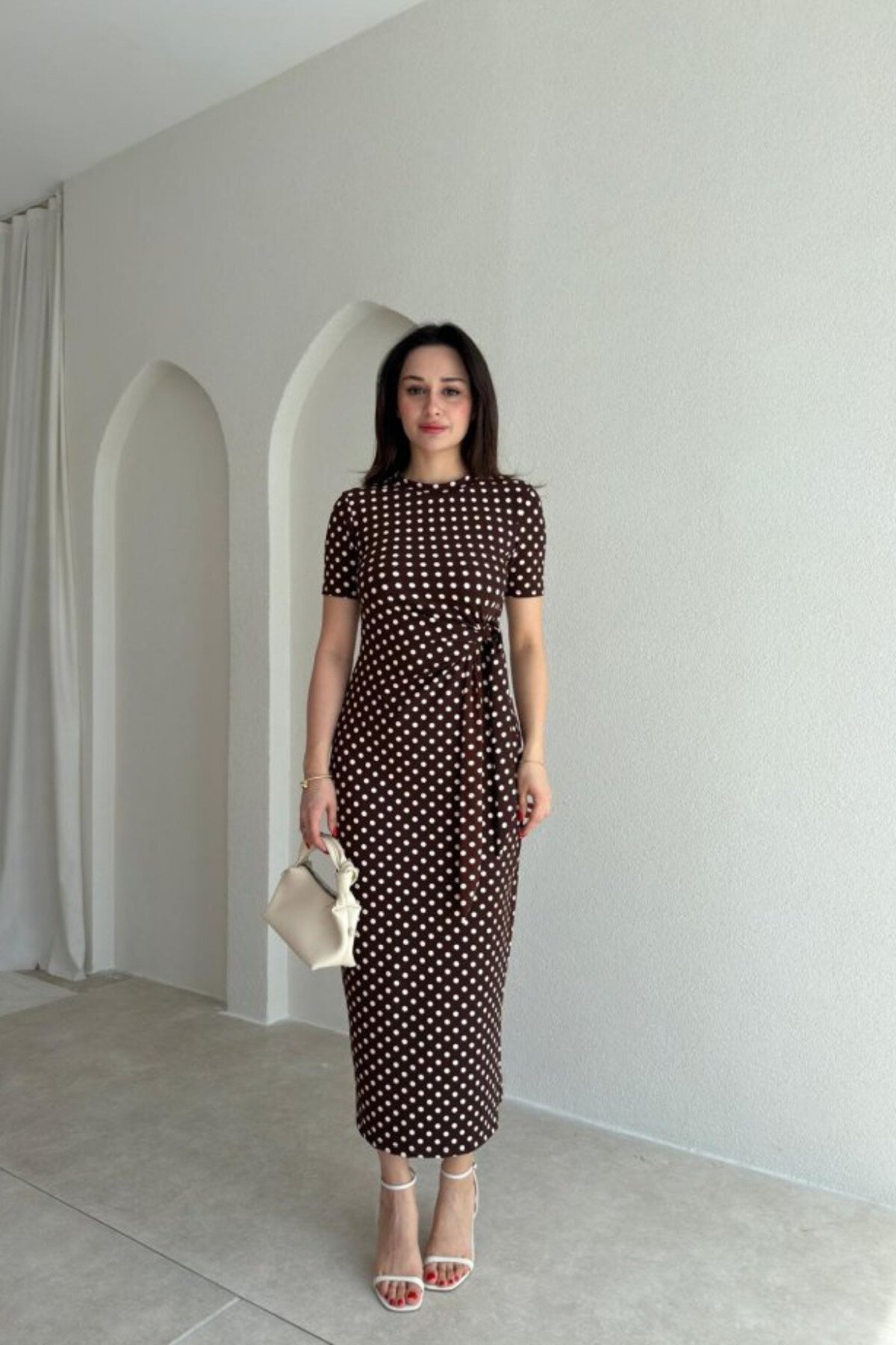 Midi Polka Dot Tie-Detail Side-Slit Dress - Brown - MOZENA