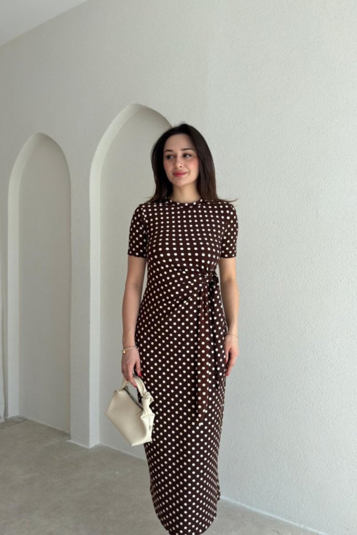 Midi Polka Dot Tie-Detail Side-Slit Dress - Brown - MOZENA