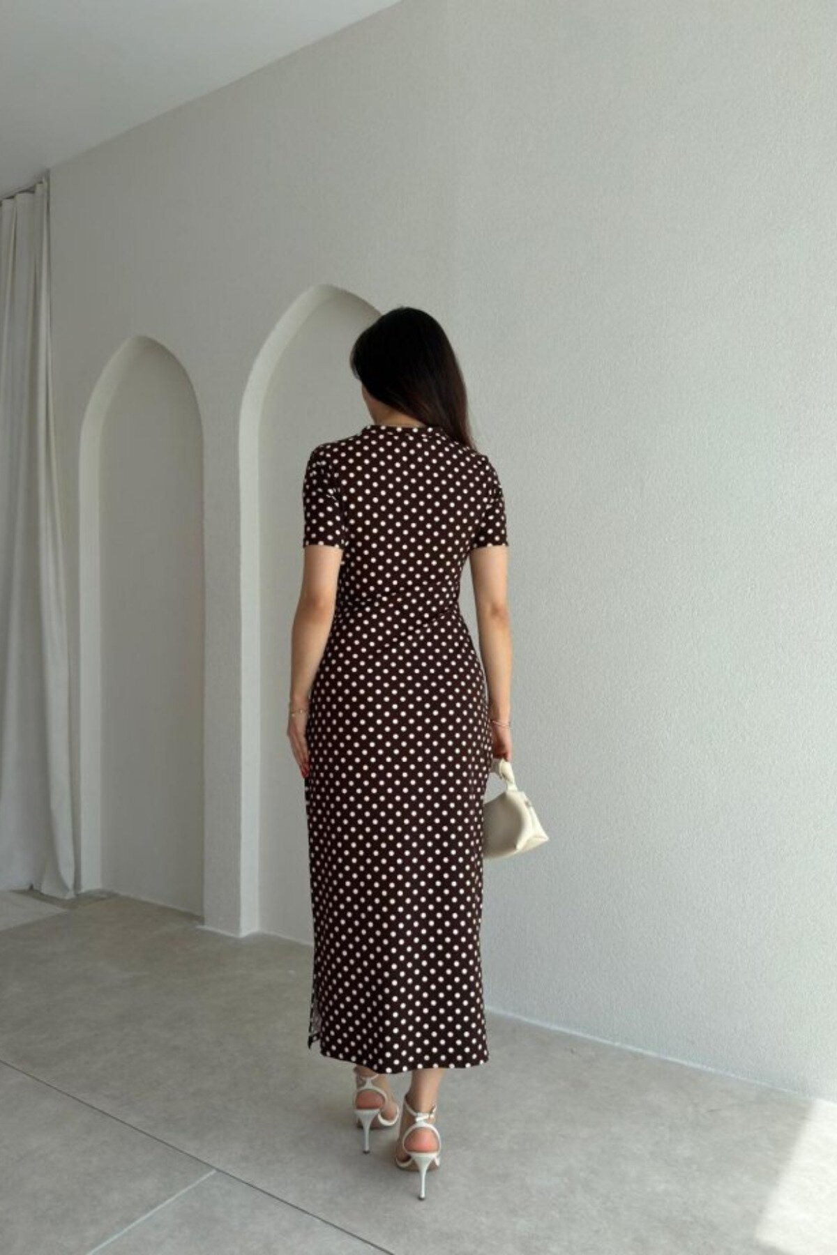 Midi Polka Dot Tie-Detail Side-Slit Dress - Brown - MOZENA