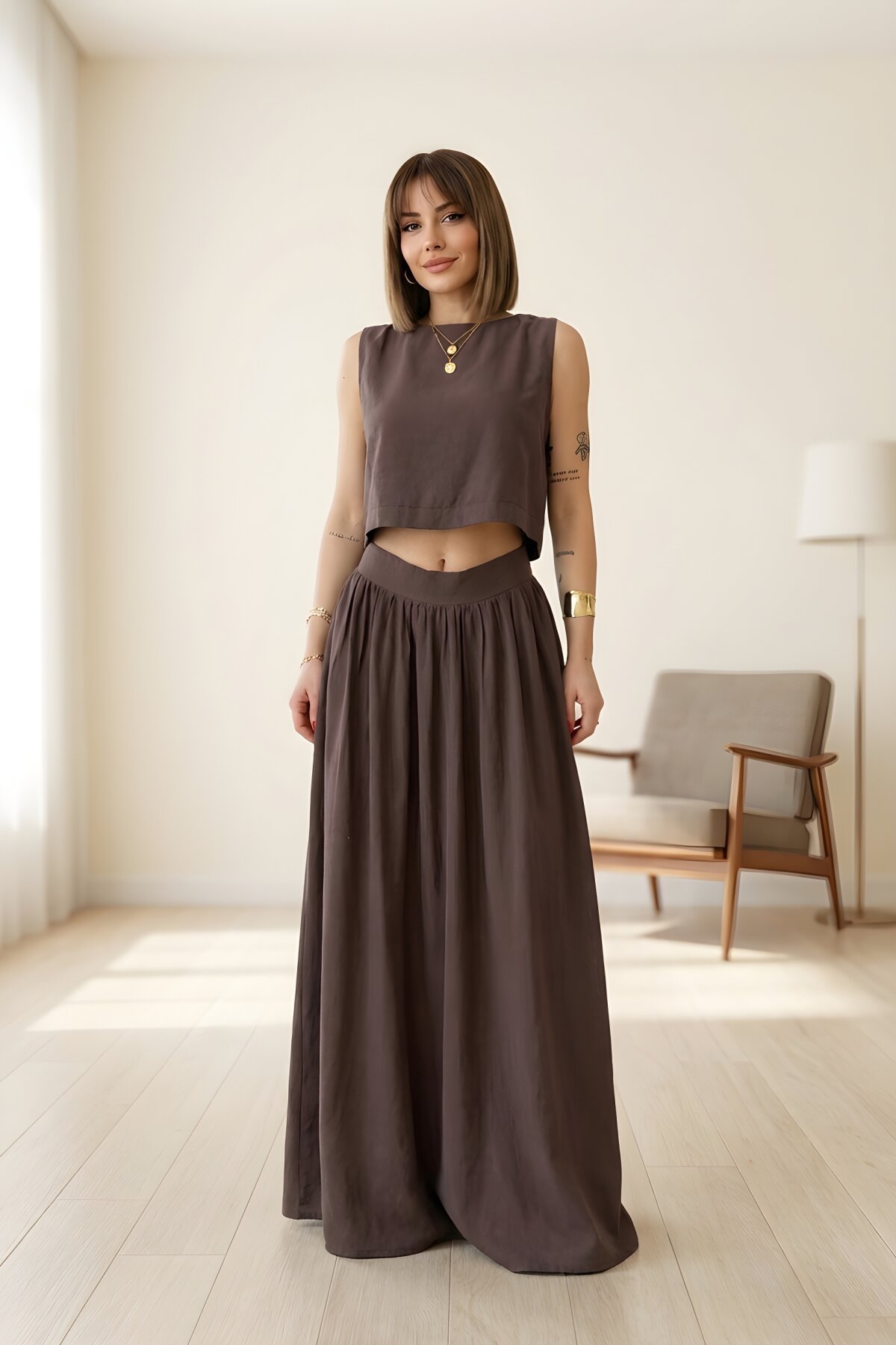 Loose-fit Sleeveless Blouse Skirt Set - Brown - MOZENA