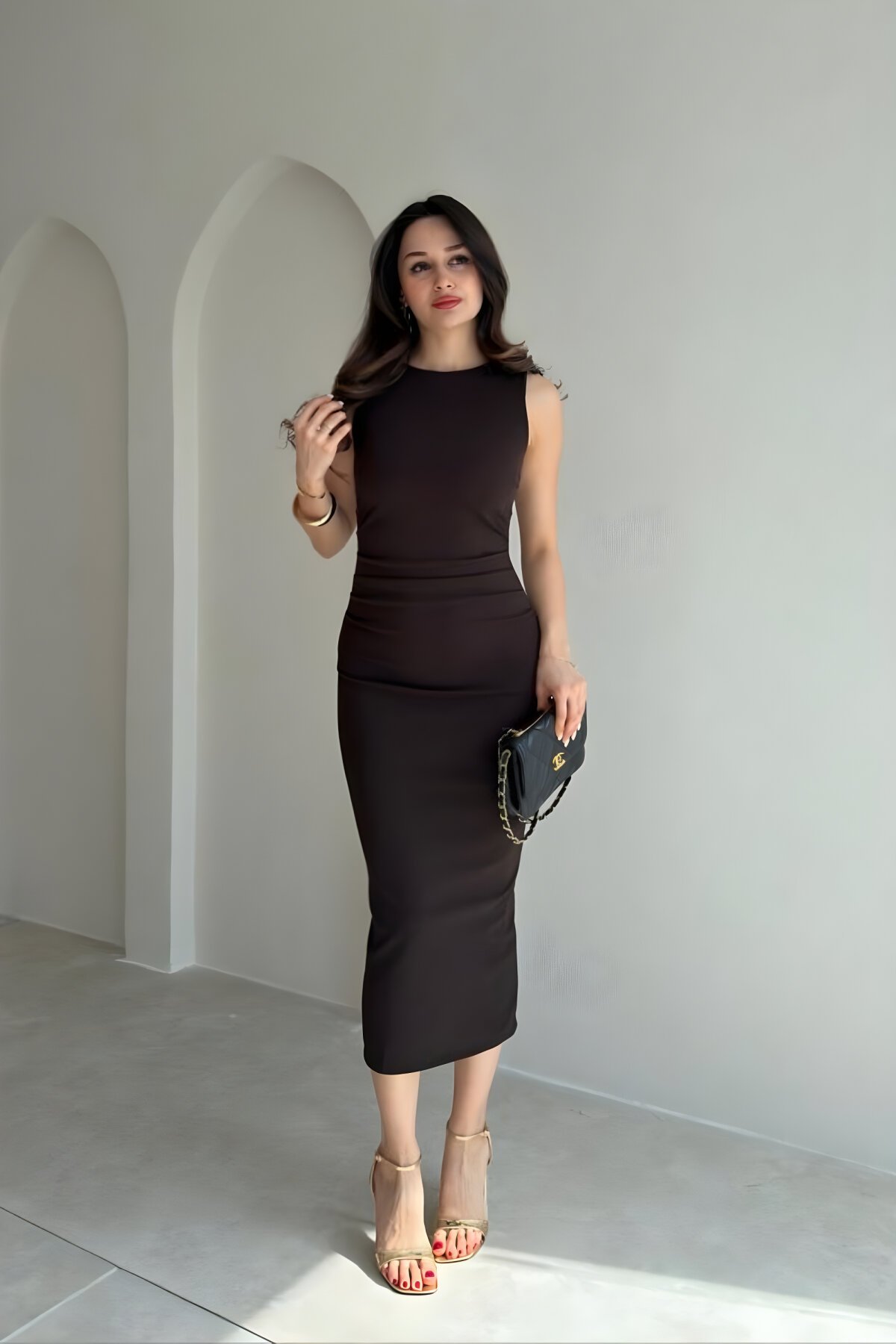 Midi Sleeveless Crepe Draped Slit Dress - Brown - MOZENA