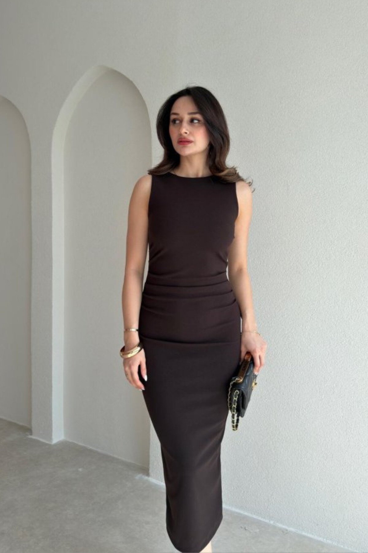 Midi Sleeveless Crepe Draped Slit Dress - Brown - MOZENA