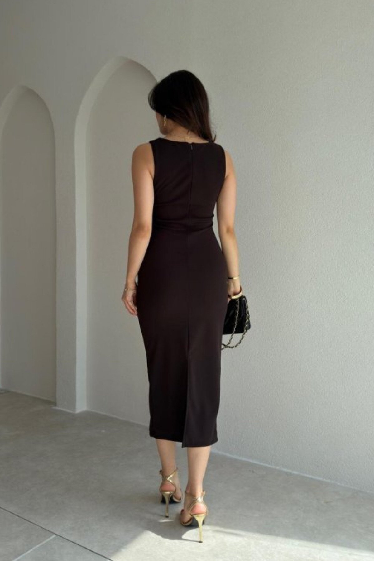 Midi Sleeveless Crepe Draped Slit Dress - Brown - MOZENA