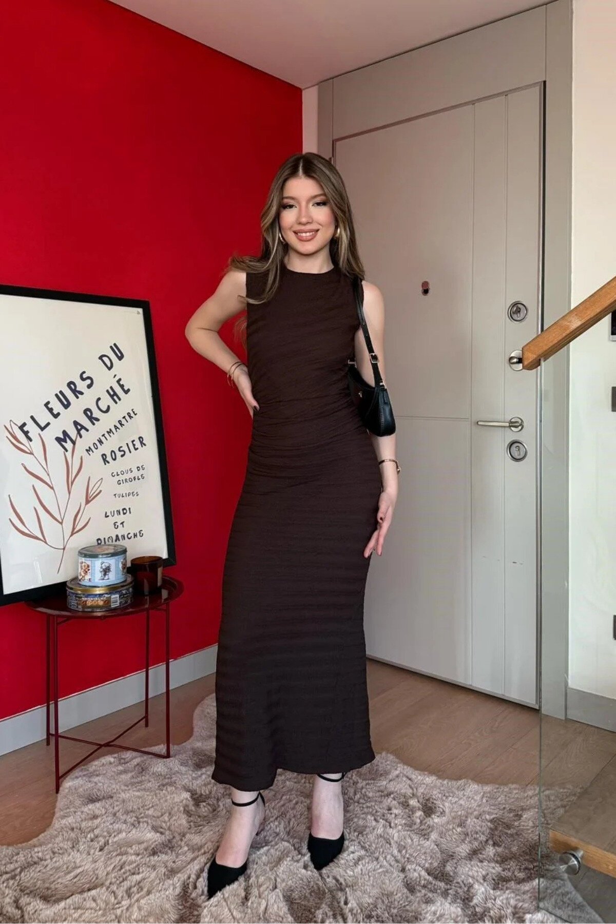 Long Waist Drape Dress - Brown - MOZENA