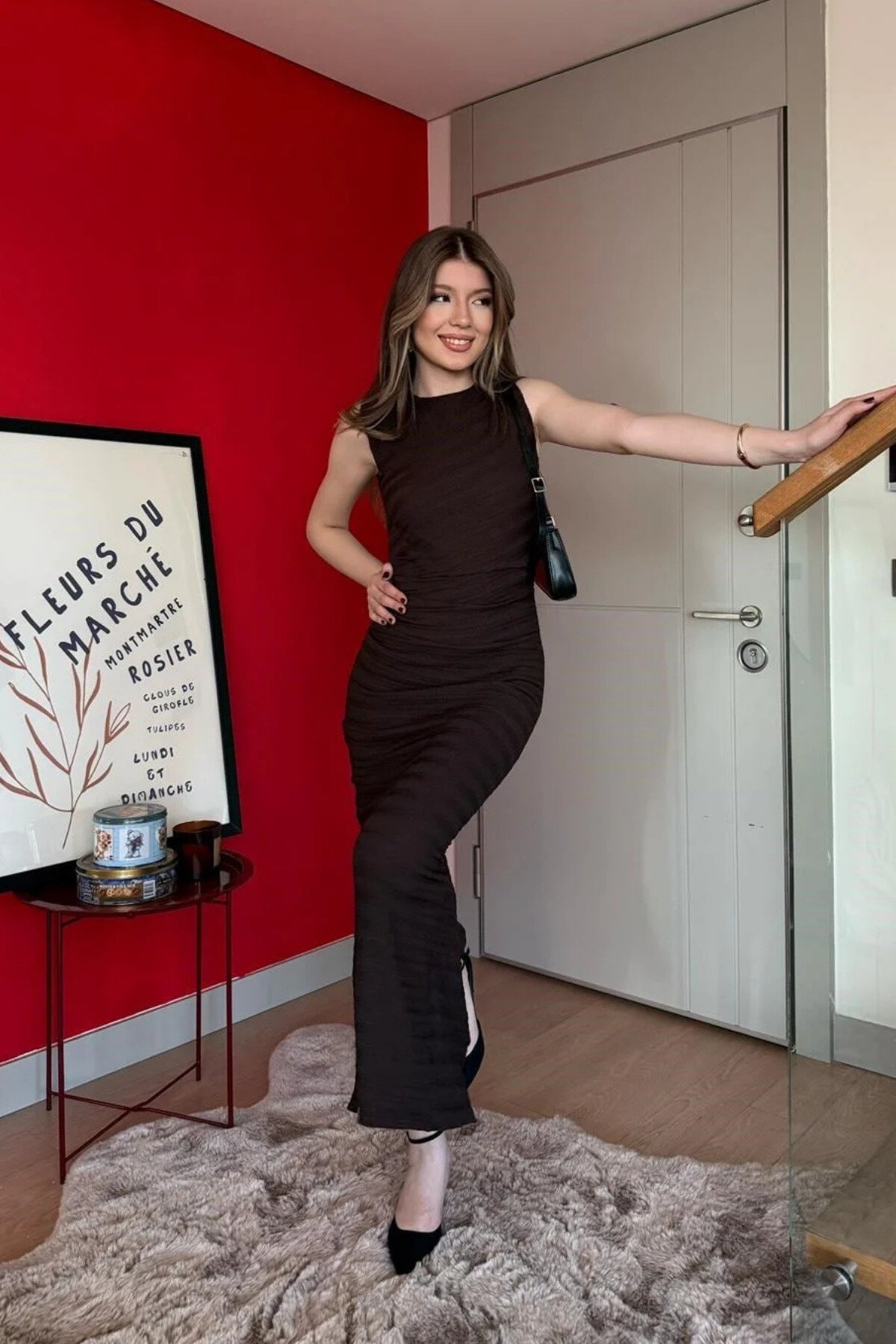 Long Waist Drape Dress - Brown - MOZENA
