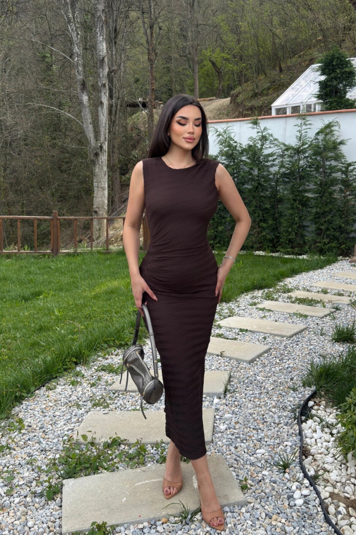 Long Waist Drape Dress - Brown - MOZENA