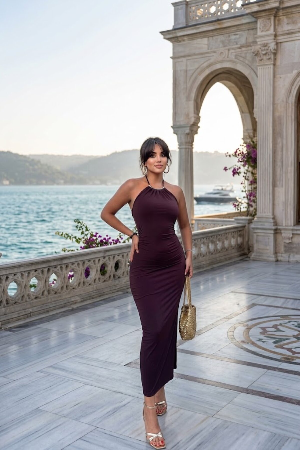 فستان طويل بني بياقة هولتر وإكسسوار بفتحة - MOZENA