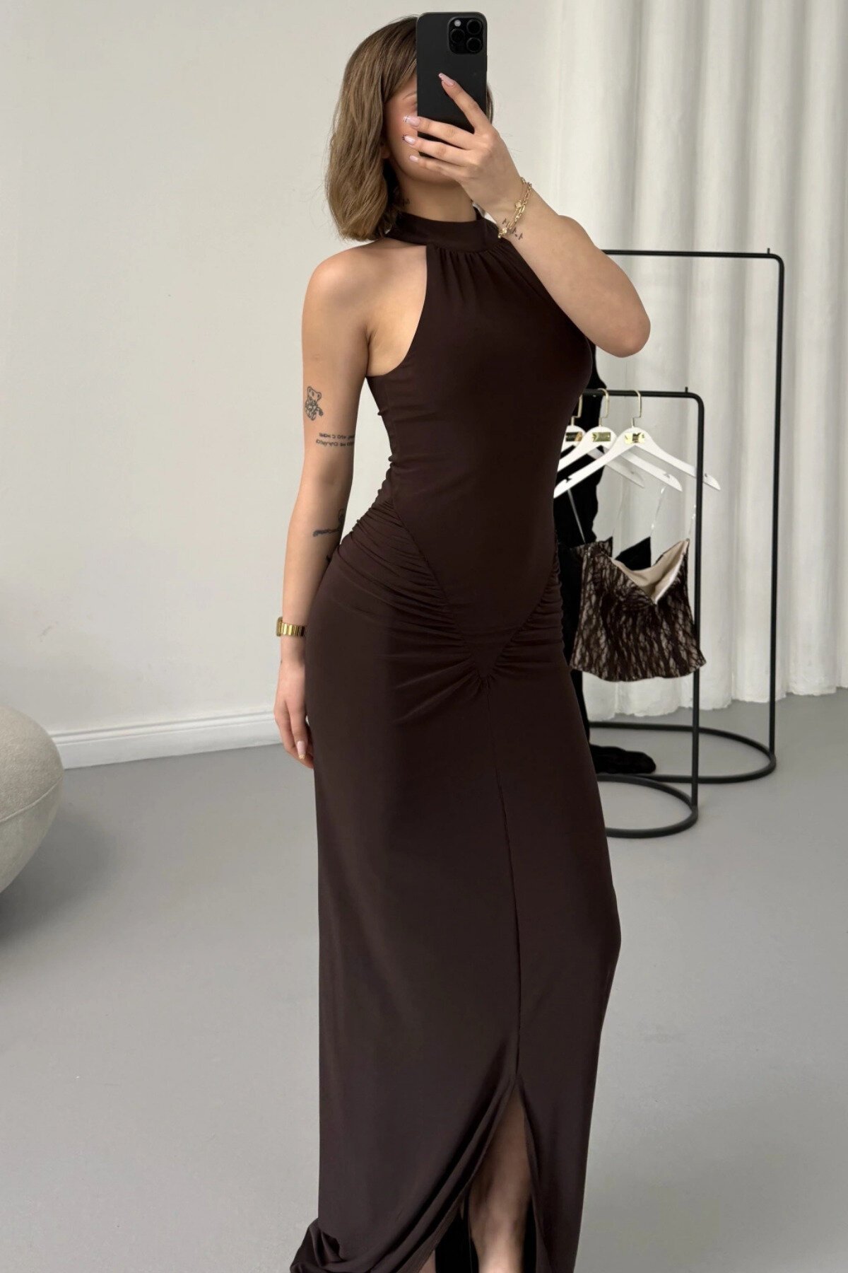 Long Halter Neck Slit Ruched Evening Dress - Brown - MOZENA