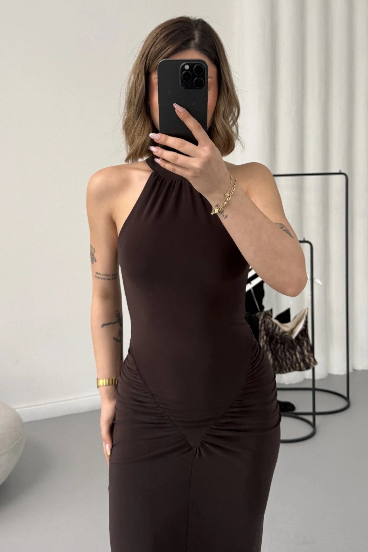 Long Halter Neck Slit Ruched Evening Dress - Brown - MOZENA