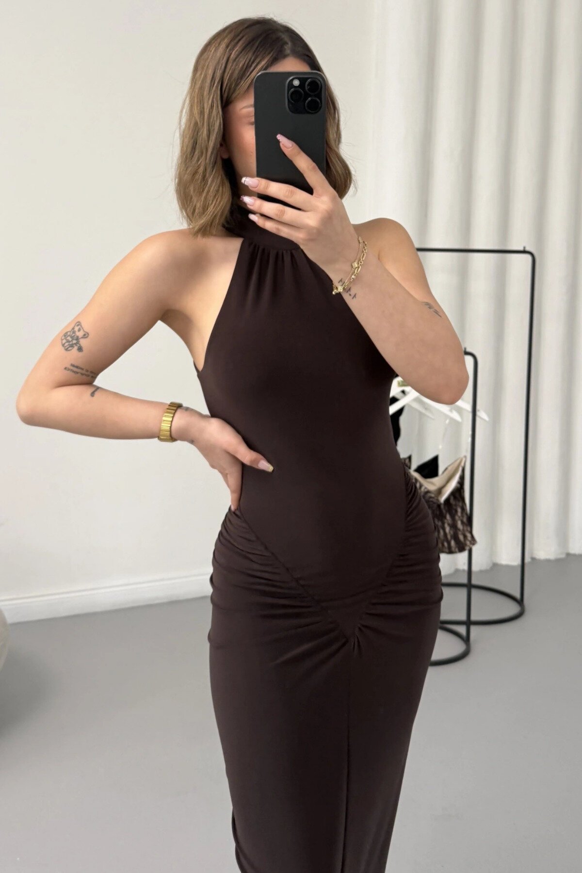Long Halter Neck Slit Ruched Evening Dress - Brown - MOZENA