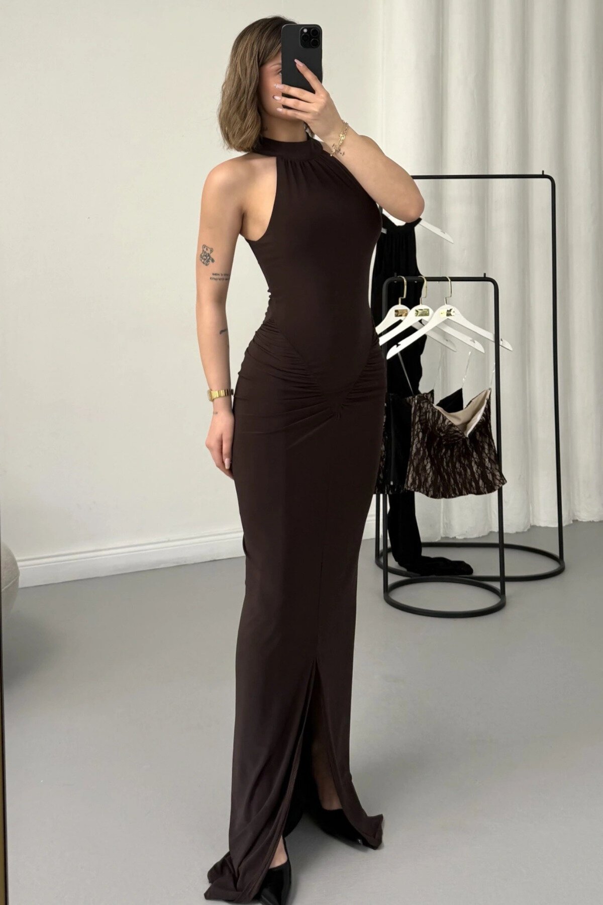 Long Halter Neck Slit Ruched Evening Dress - Brown - MOZENA
