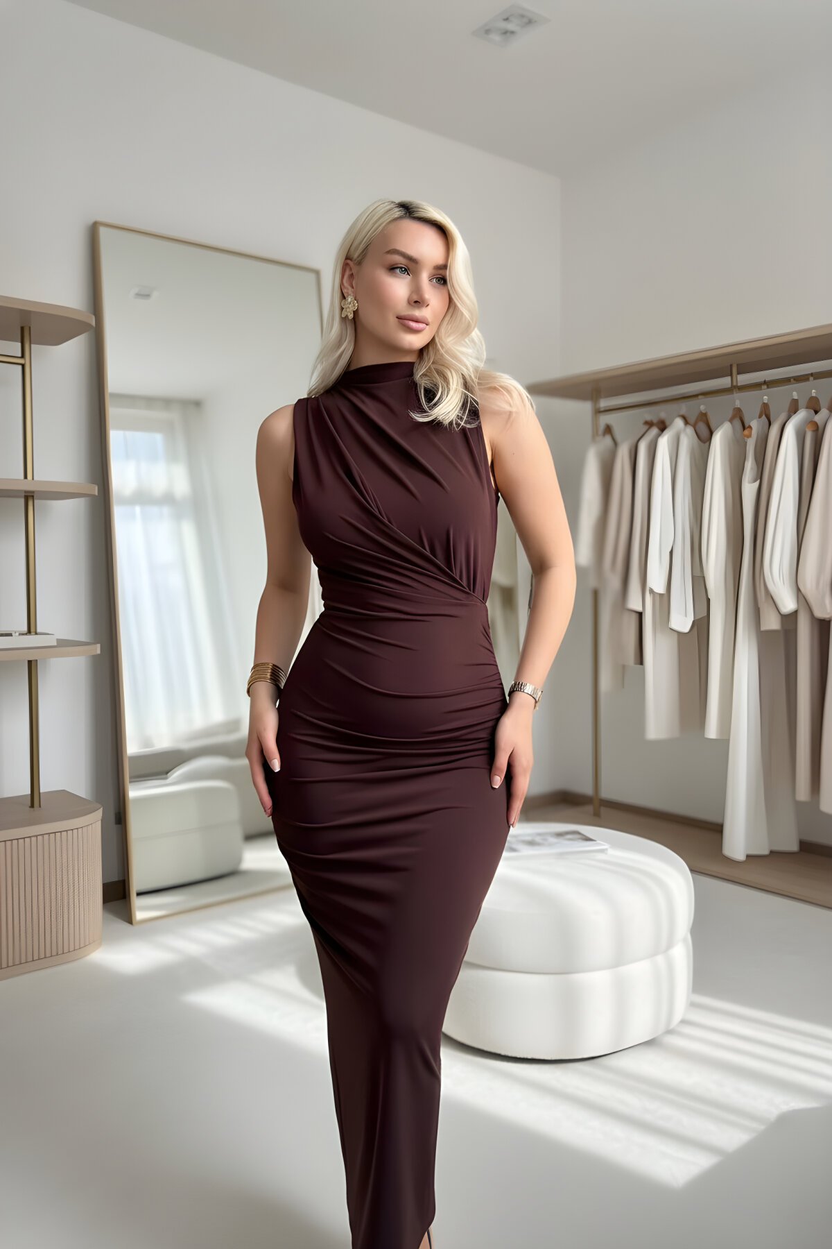 Long Sleeveless Sandy Draped Mock Neck Slit Dress - Brown - MOZENA