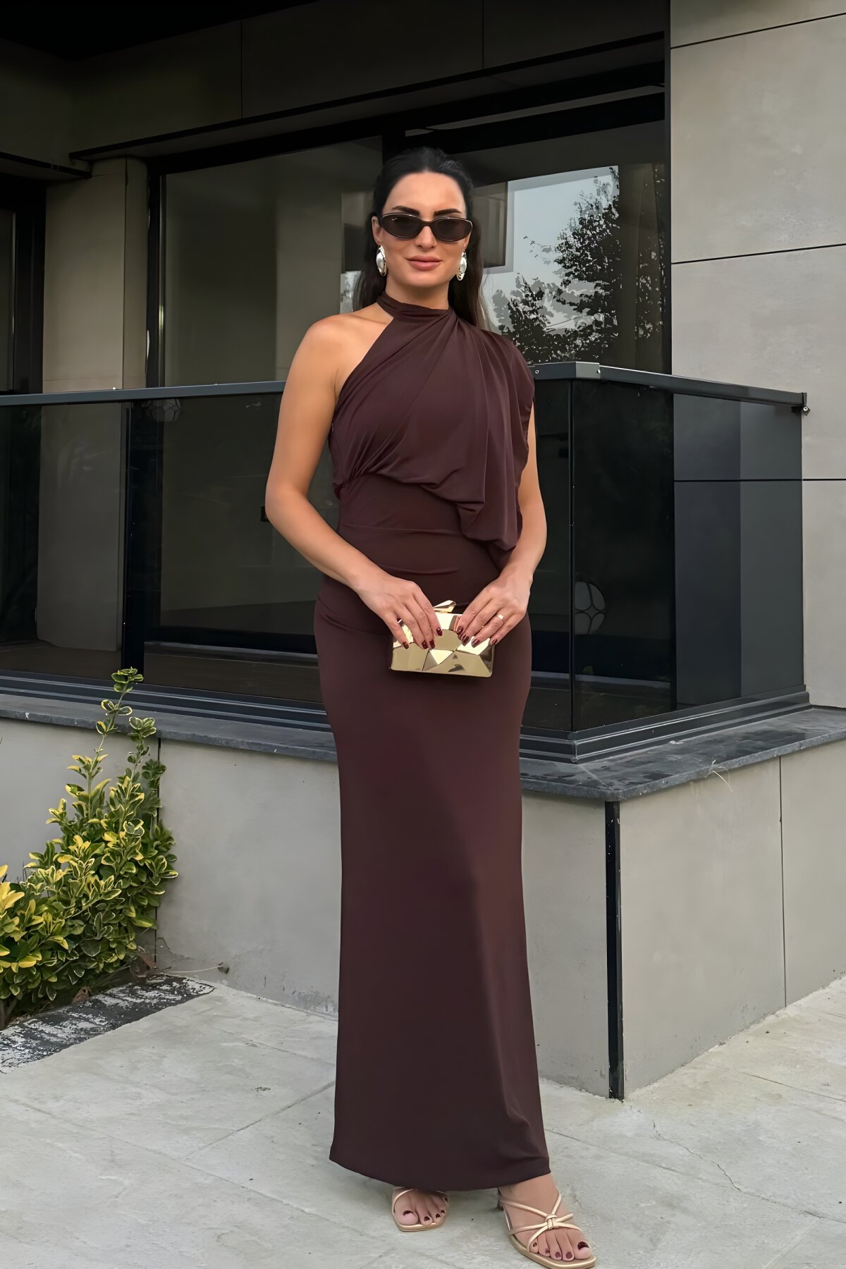 Long One-Shoulder Batwing Sleeve Ruched Evening Dress - Brown - MOZENA