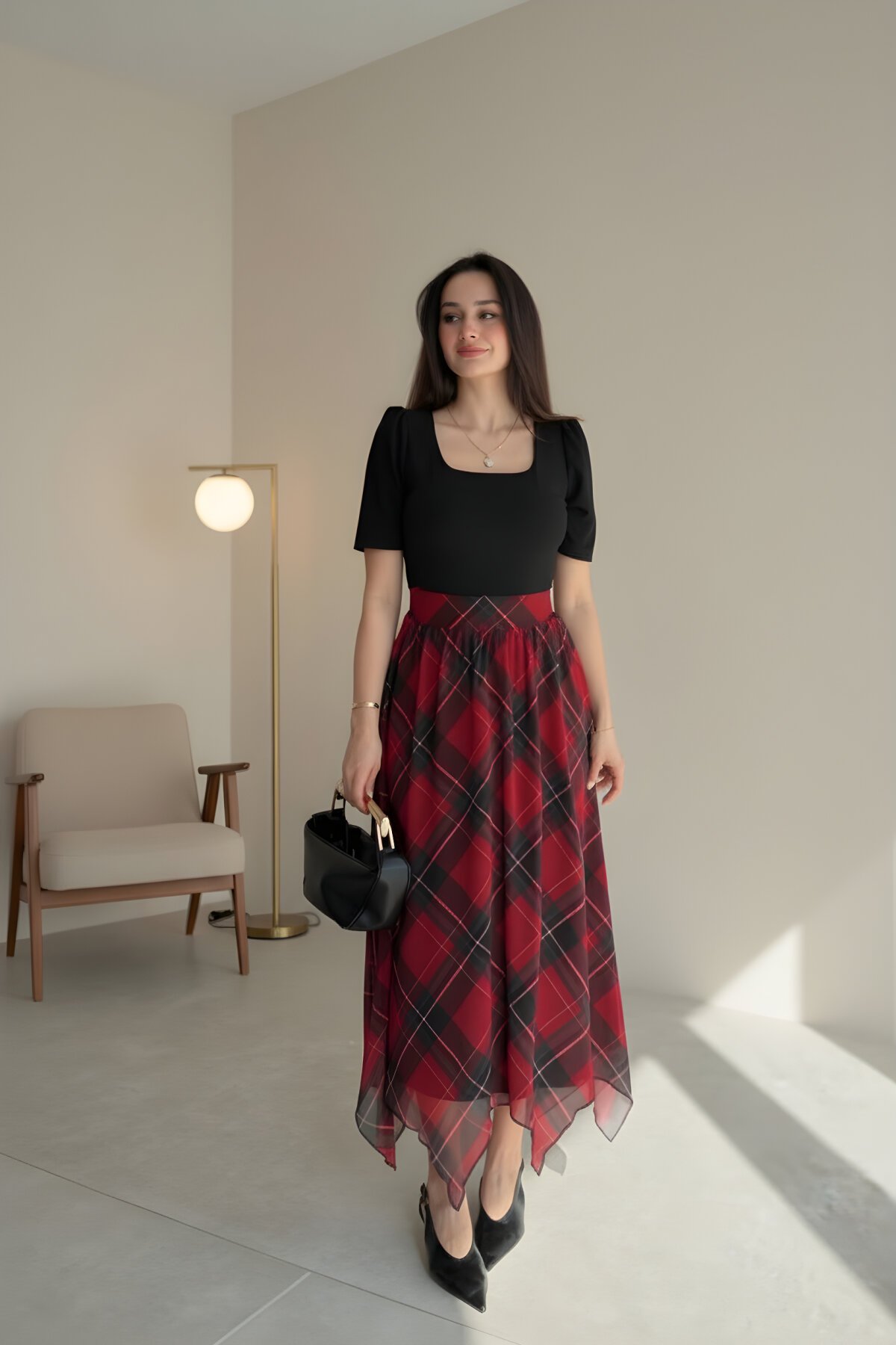 Midi Asymmetric Plaid Square Neck Dress - Red - MOZENA